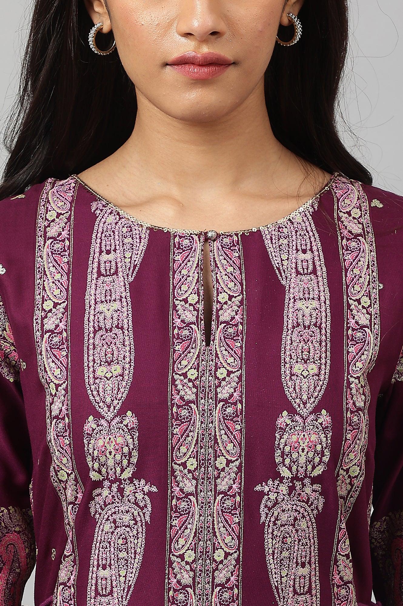 Purple Paisley Print kurta With Sequin Highlighting - wforwoman