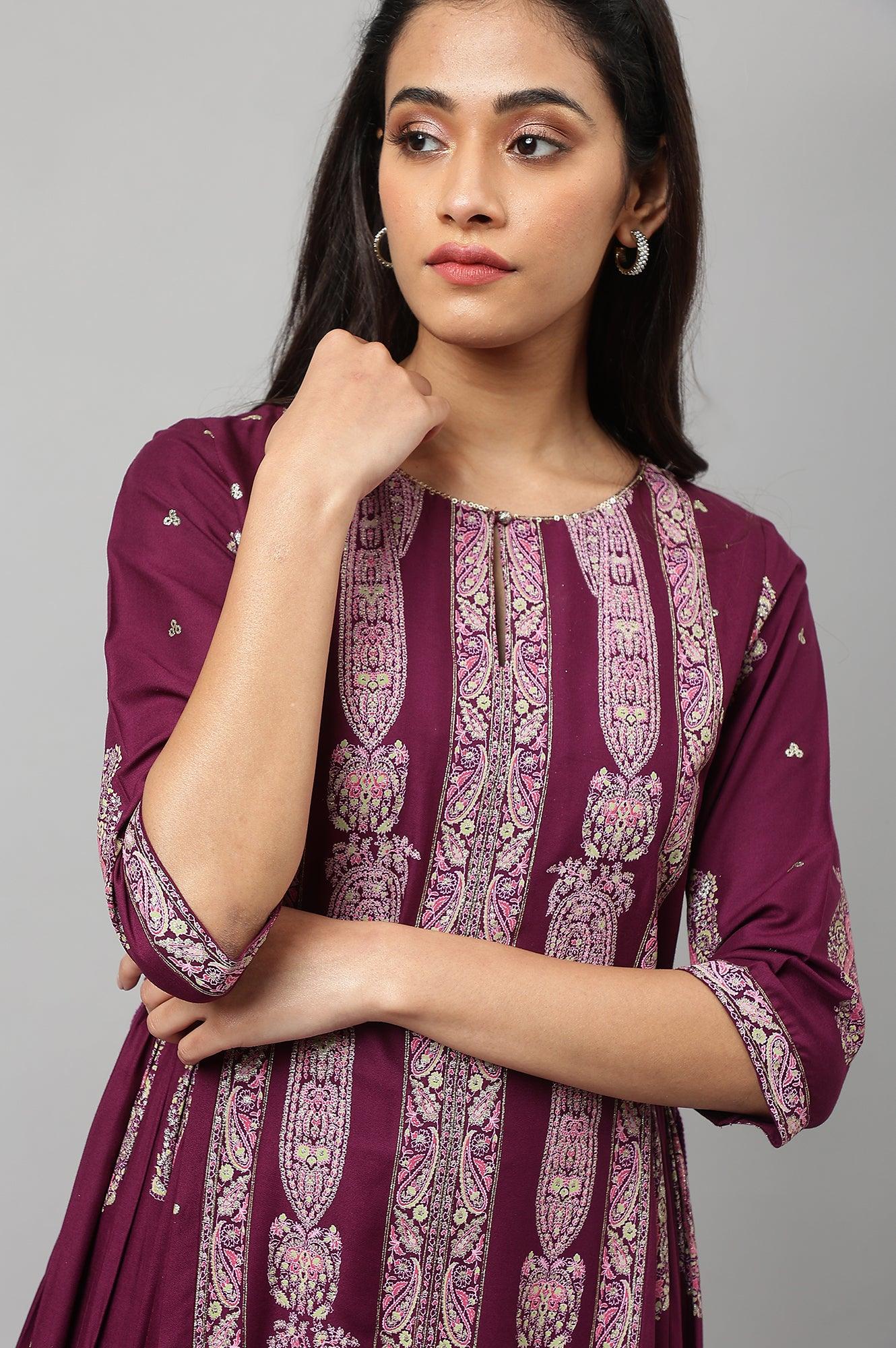 Purple Paisley Print kurta With Sequin Highlighting - wforwoman