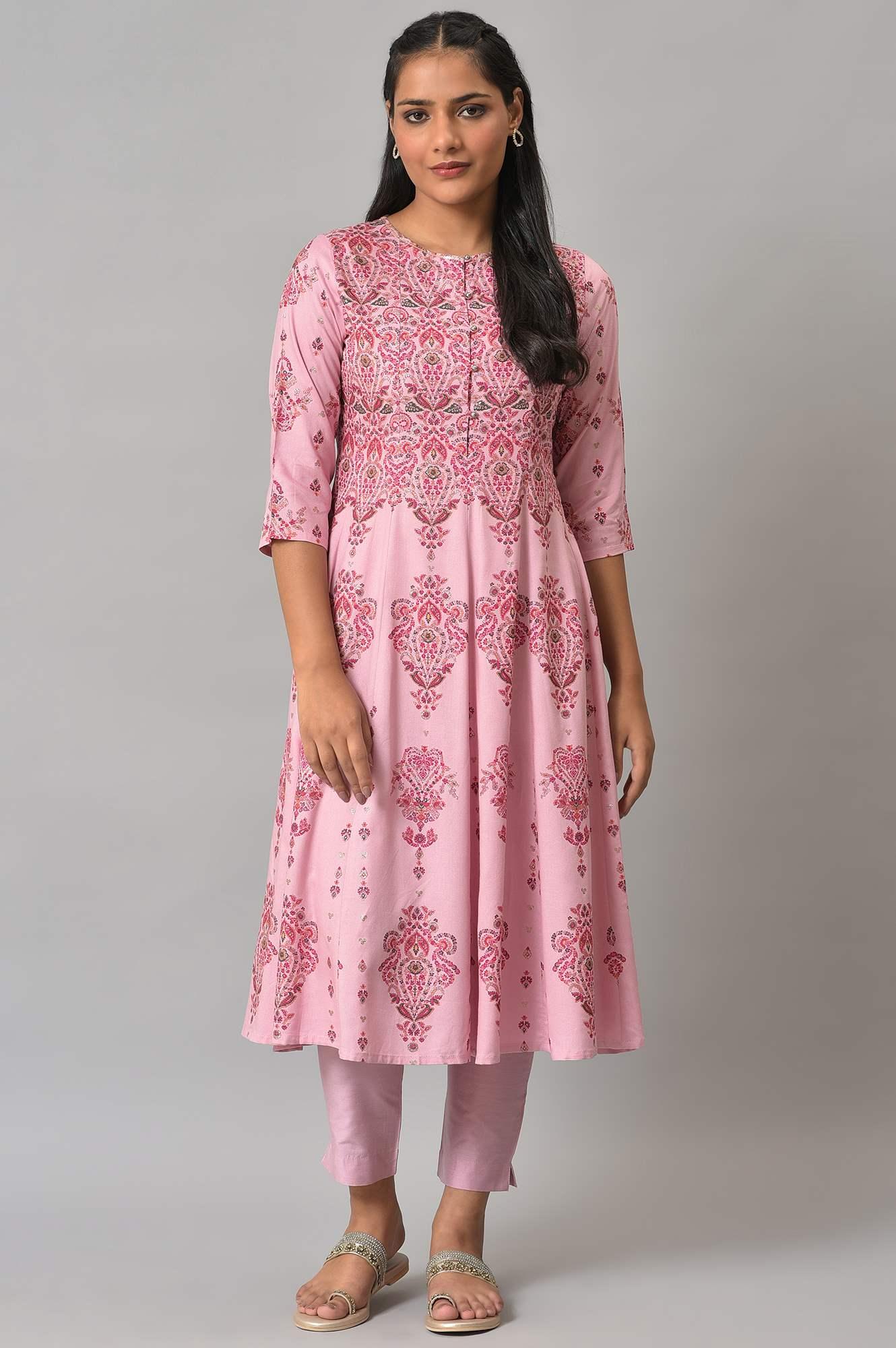 Pink Floral Print kurta With Sequins - wforwoman