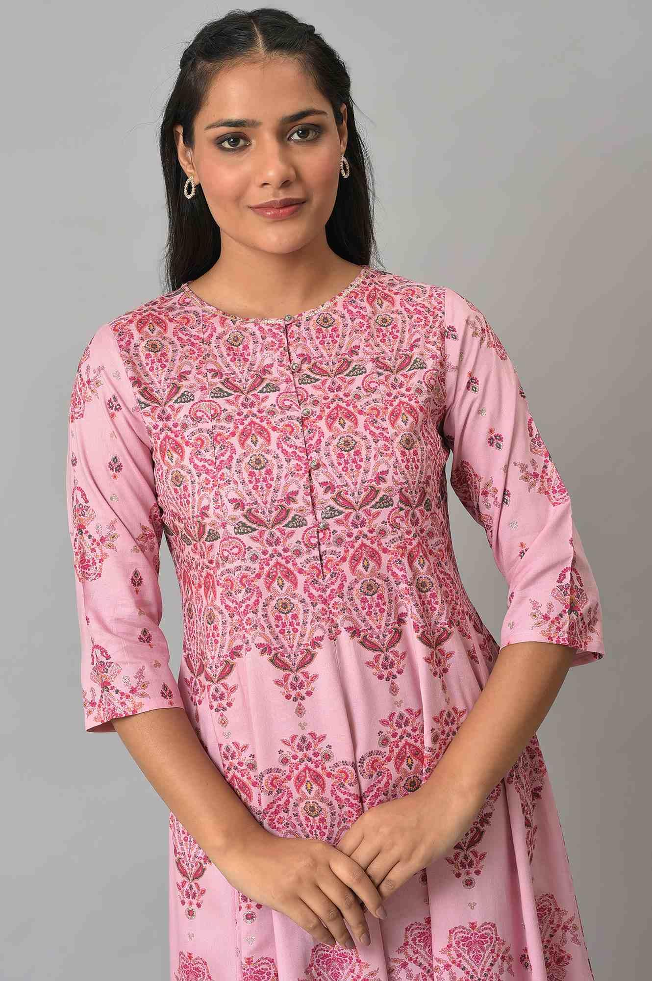 Pink Floral Print kurta With Sequins - wforwoman