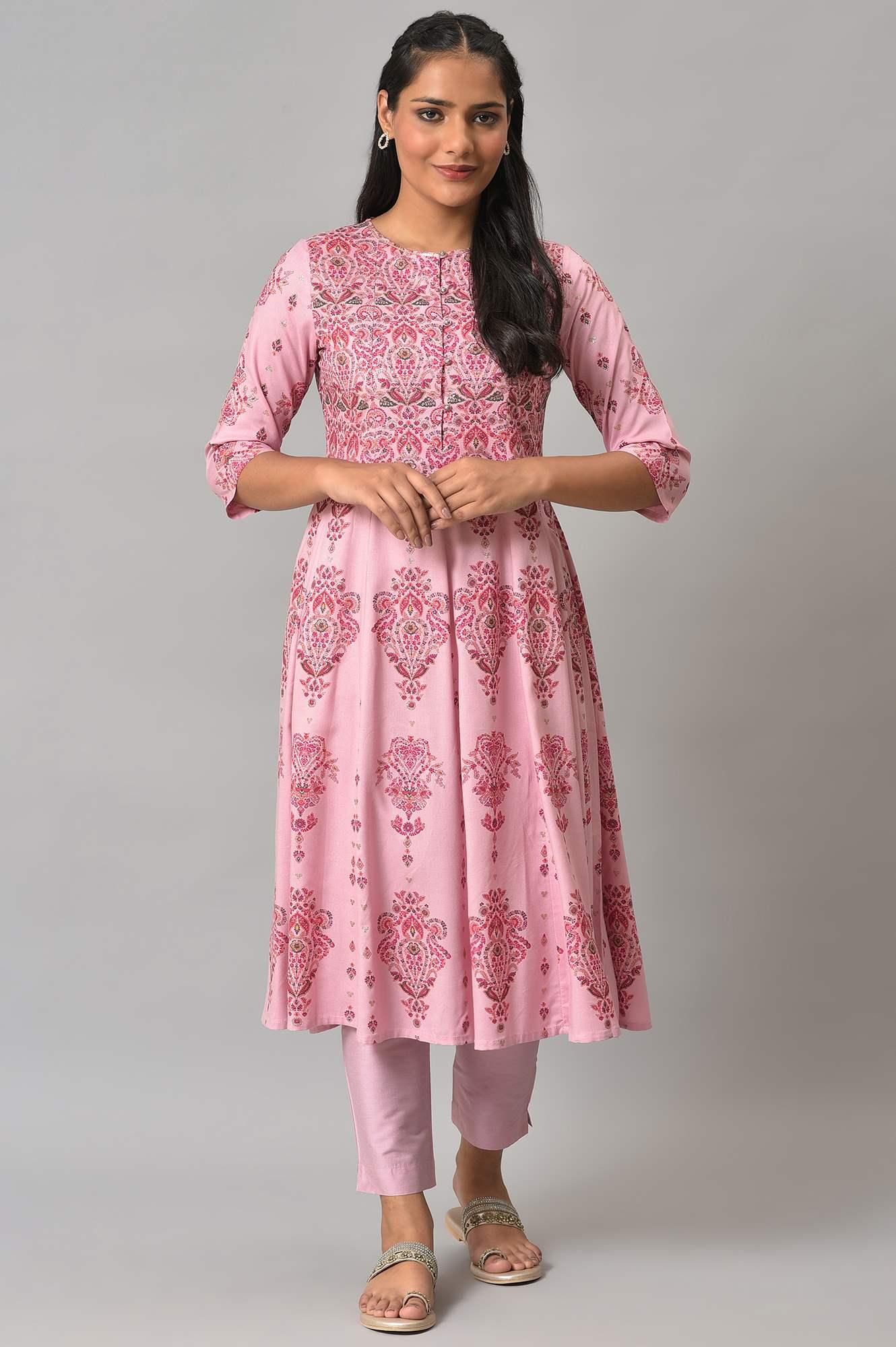 Pink Floral Print kurta With Sequins - wforwoman