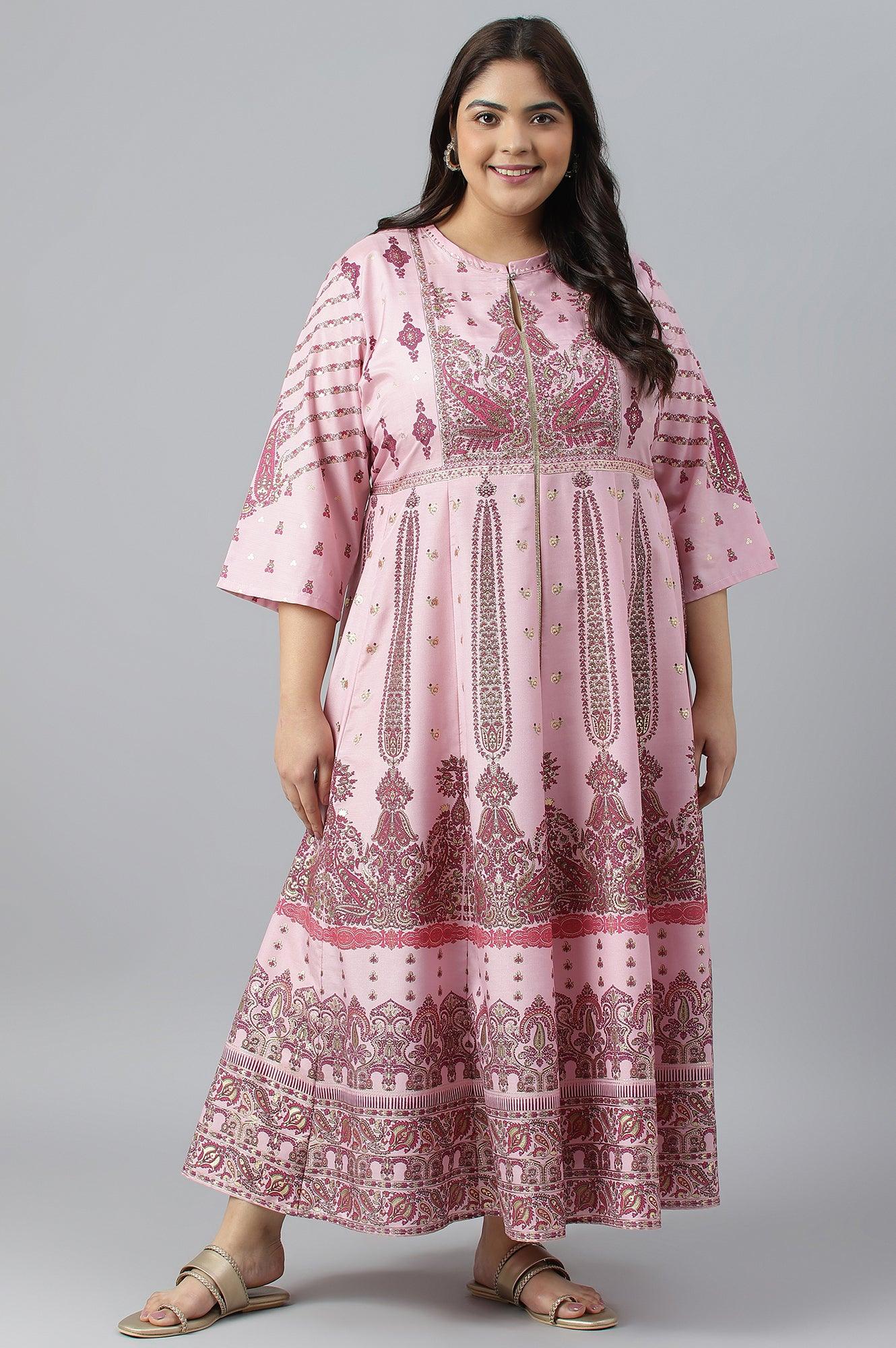 Plus Size Cameo Pink Floral Printed Festive Dress 4XL