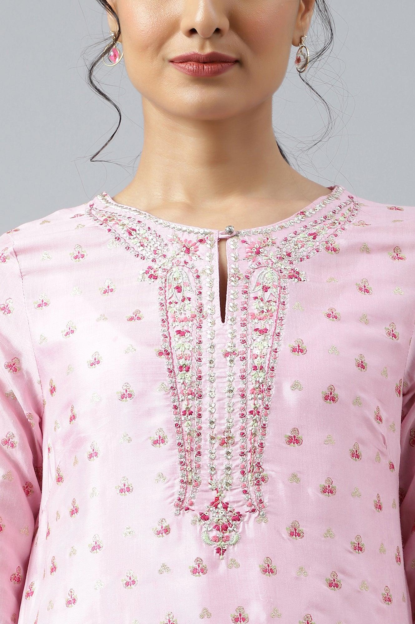 Cameo Pink Floral Printed And Embroidered kurta - wforwoman