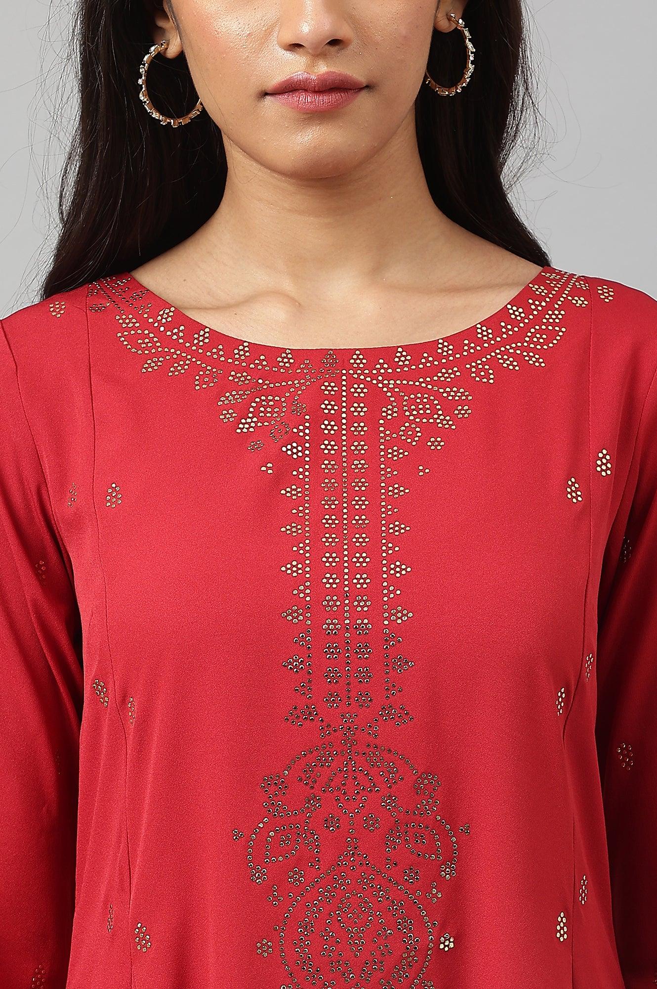 Red Mukaish Printed kurta - wforwoman
