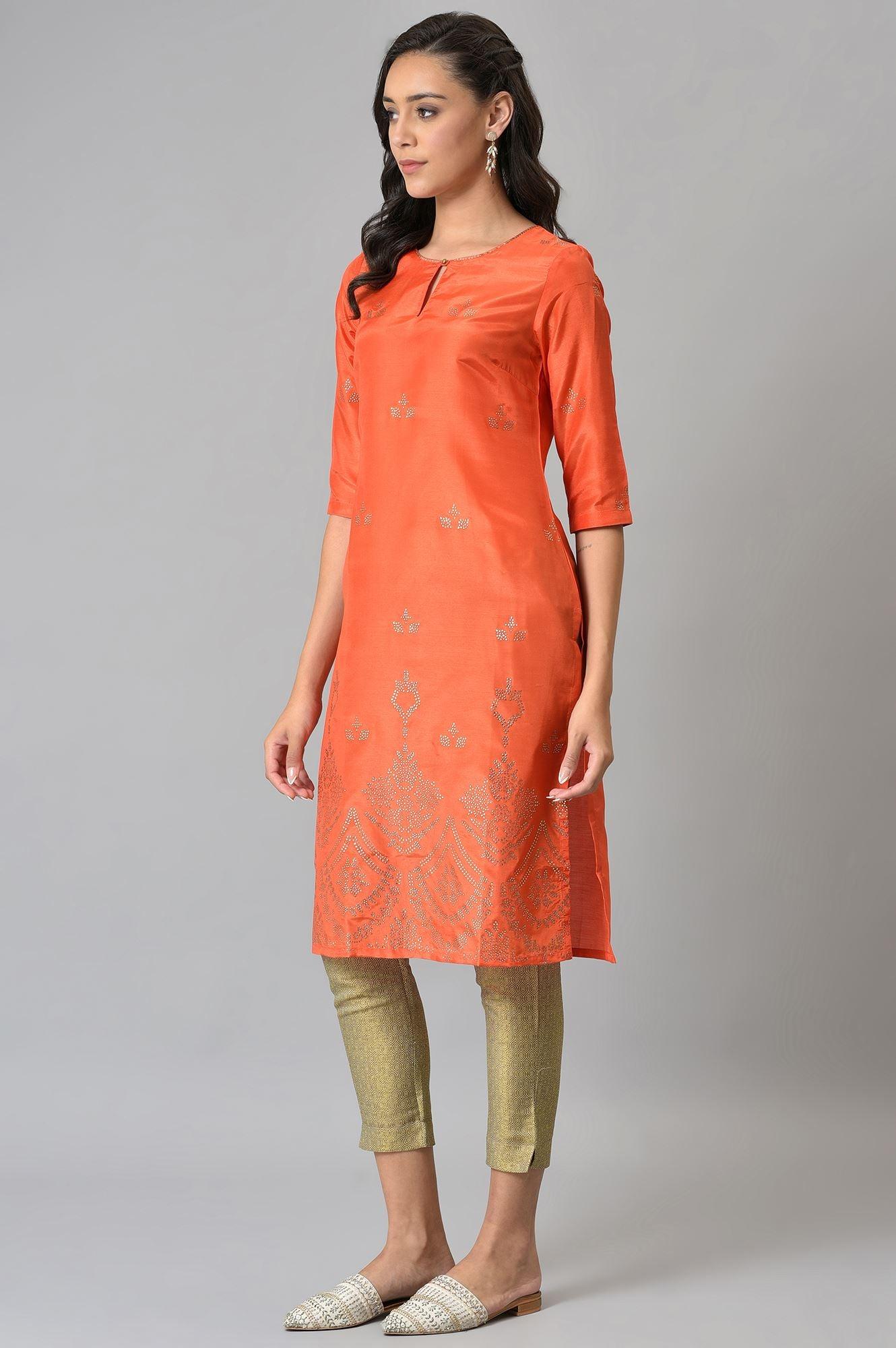 Orange Mukaish Printed kurta - wforwoman