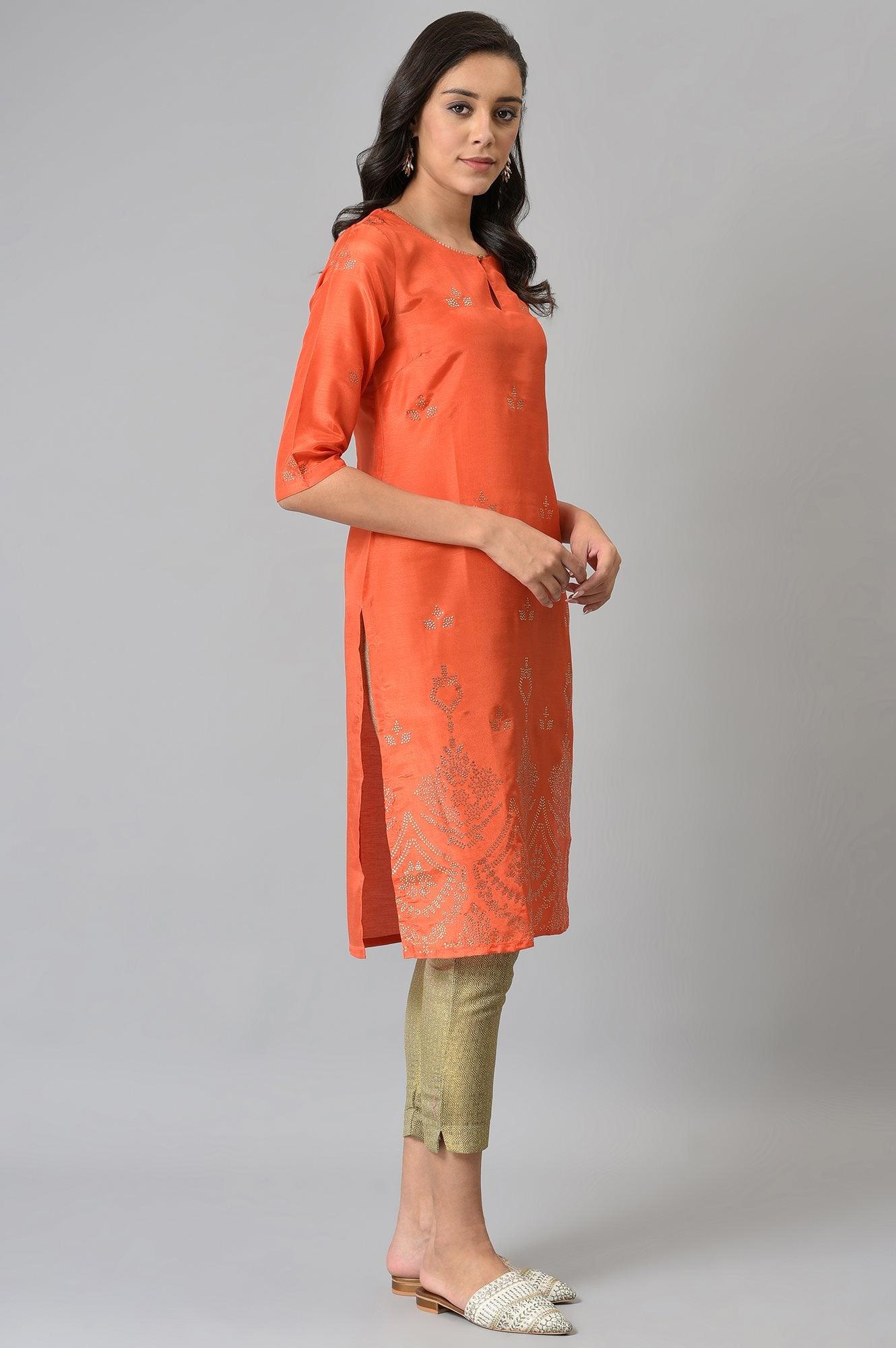 Orange Mukaish Printed kurta - wforwoman