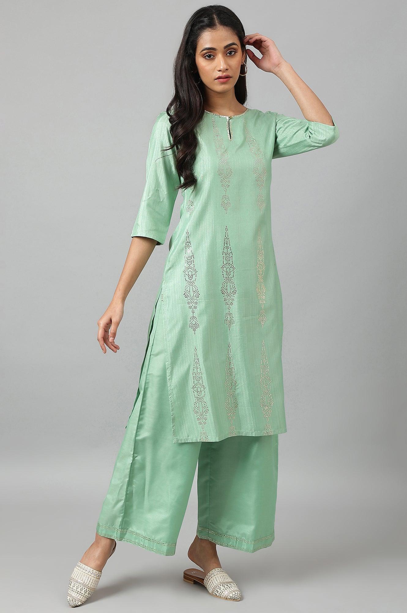 Pistachio Green Mukaish Printed kurta - wforwoman