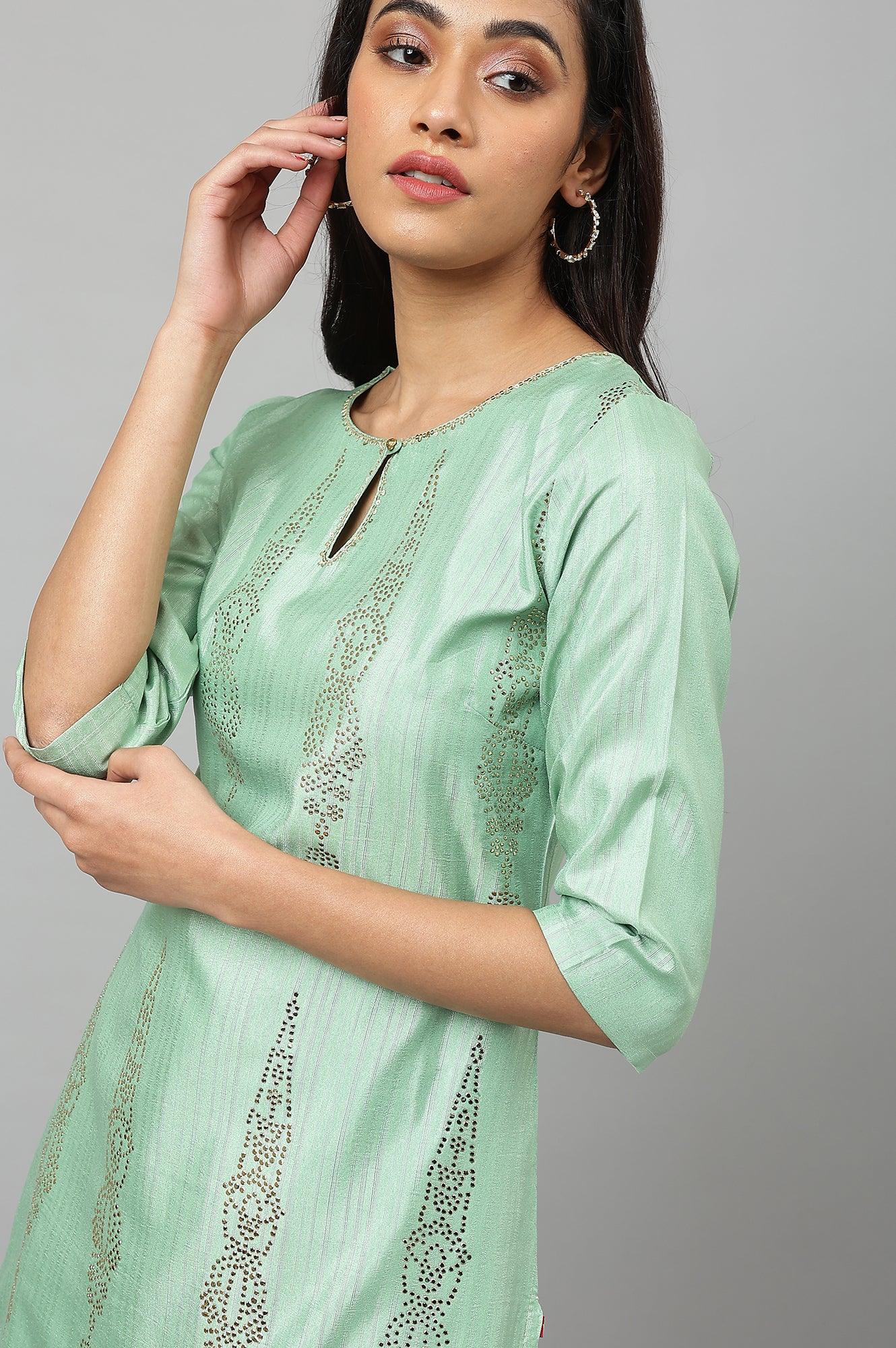 Pistachio Green Mukaish Printed kurta - wforwoman