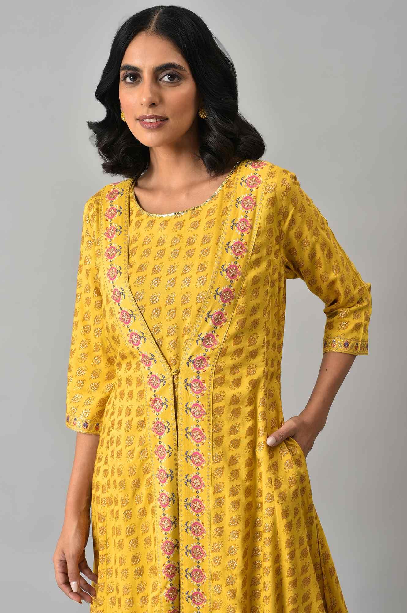 Yellow Glitter Printed Mock Layered Embellished Kimono Jumpsuit - wforwoman