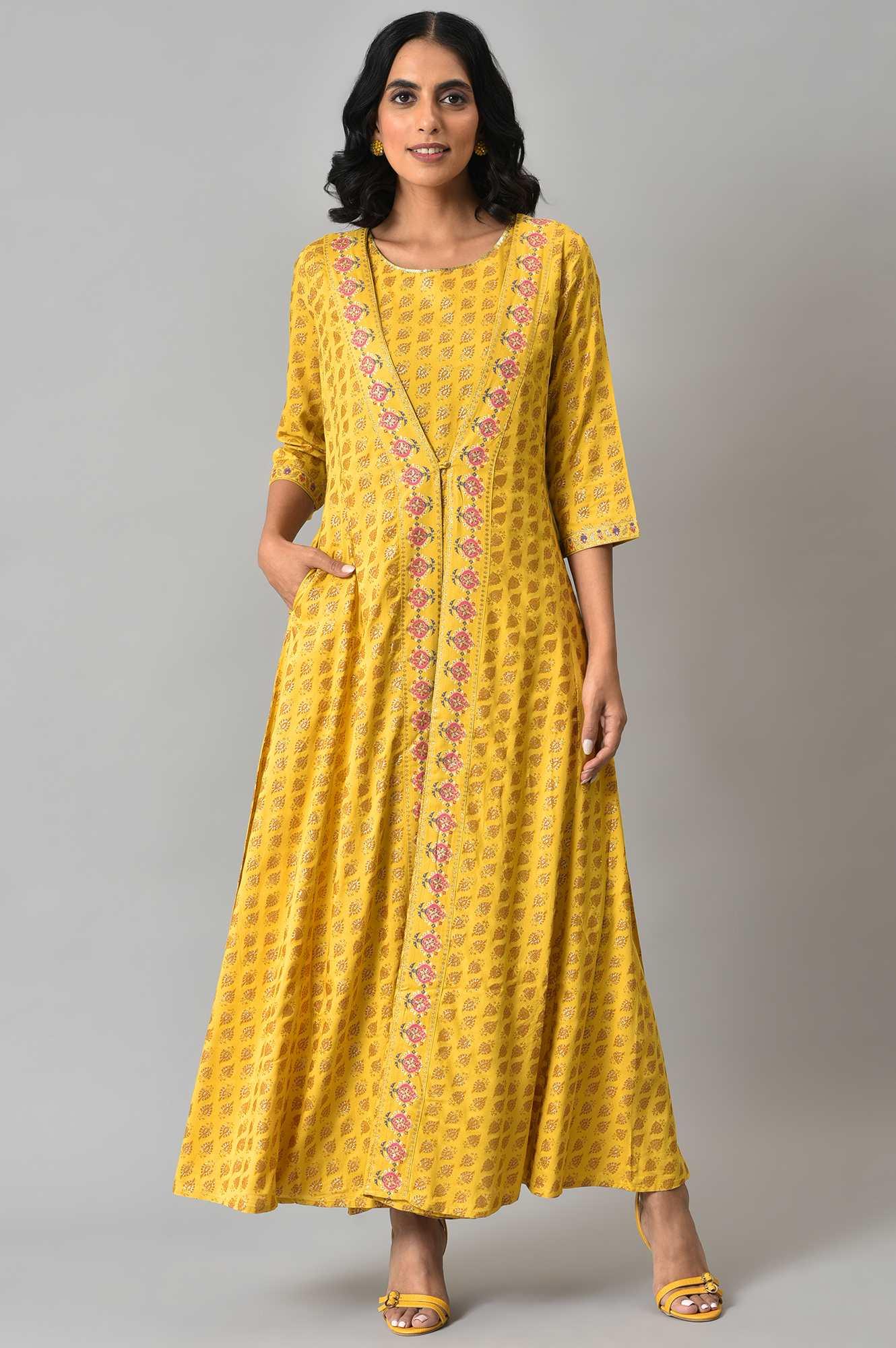 Yellow Glitter Printed Mock Layered Embellished Kimono Jumpsuit - wforwoman