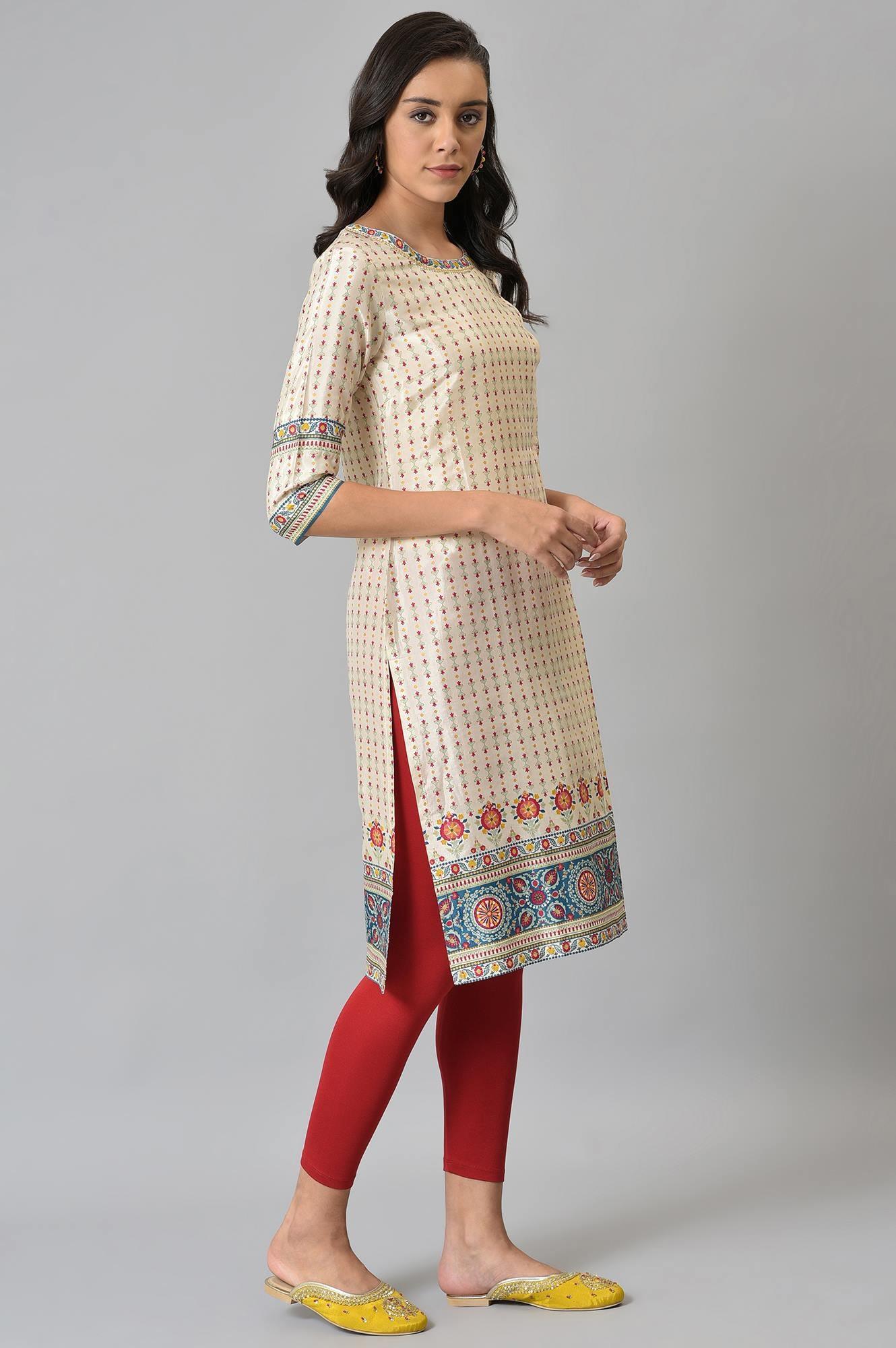 Ecru Floral Printed Sequined kurta - wforwoman