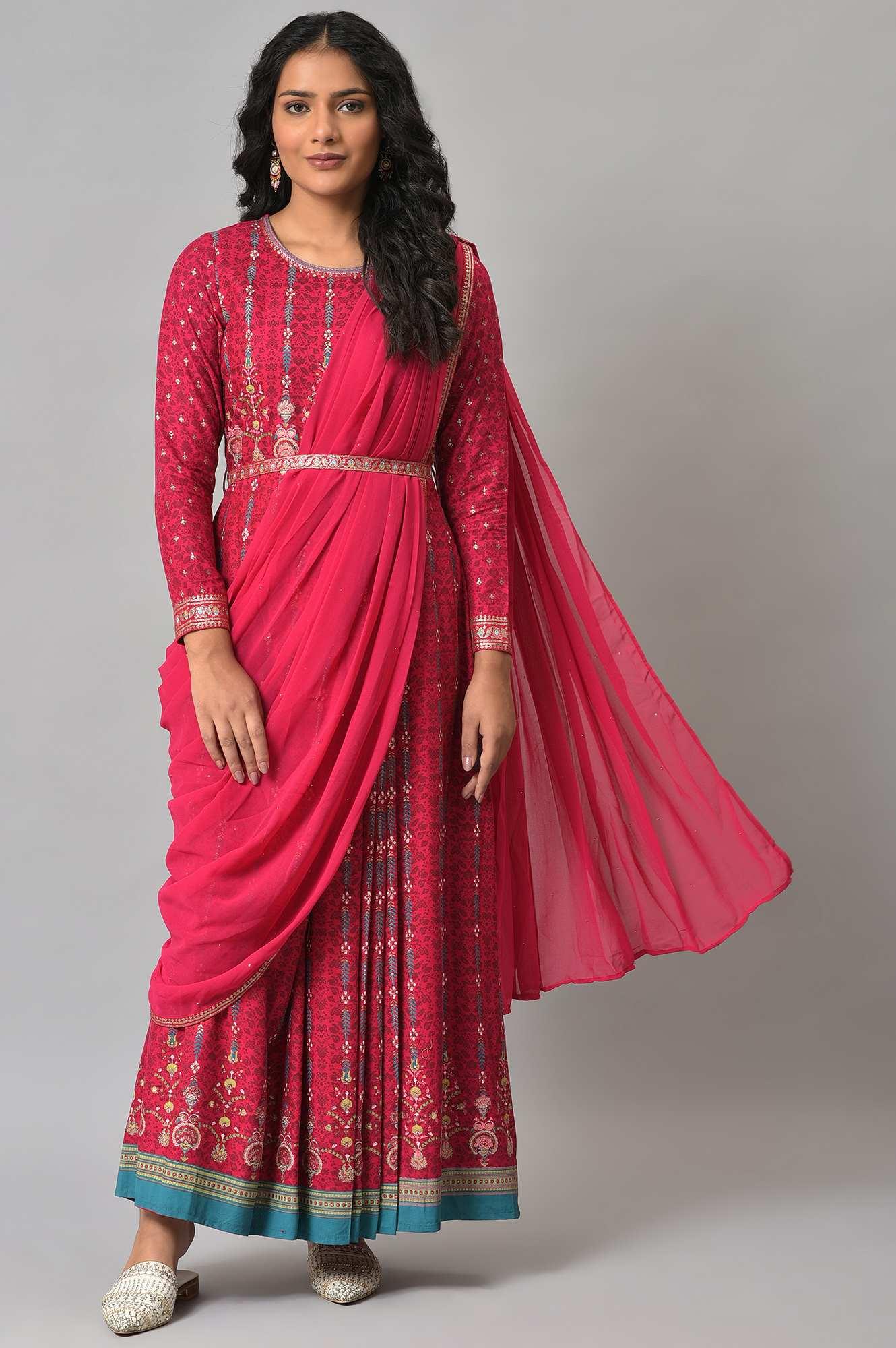 Buy Dark Pink Glitter Printed Insta Saree Dress 5999 W for