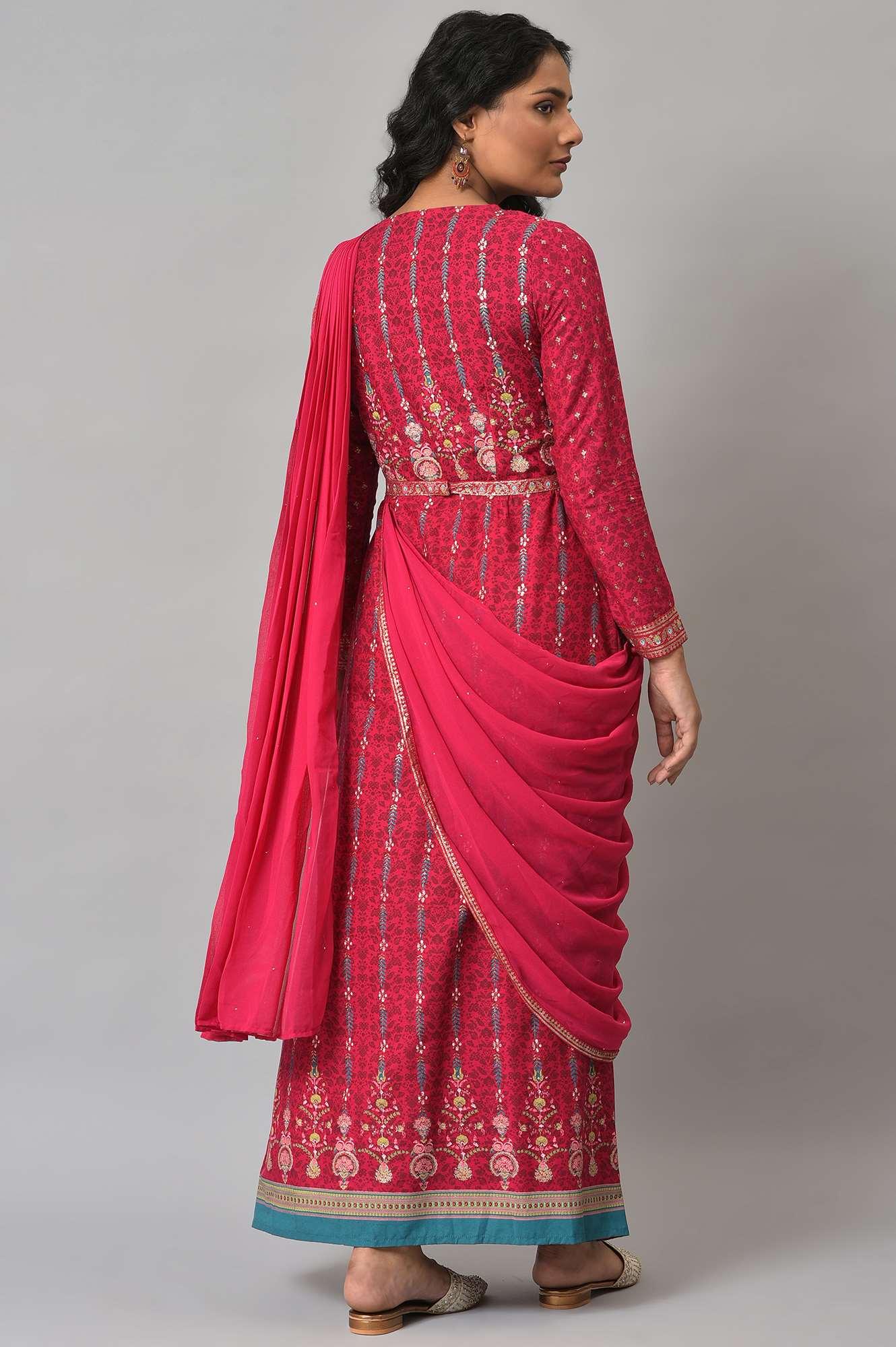 Dark Pink Glitter Printed Insta Saree Dress - wforwoman