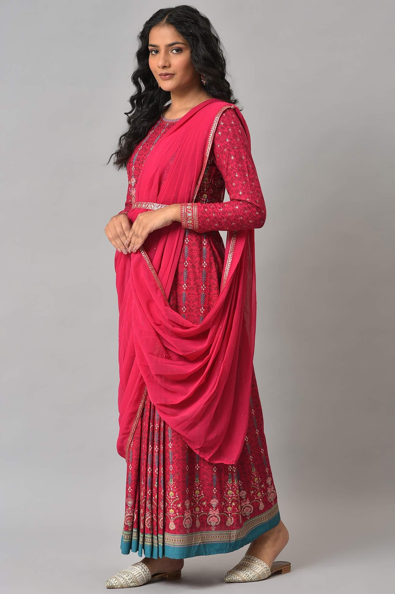 Dark Pink Glitter Printed Insta Saree Dress - wforwoman