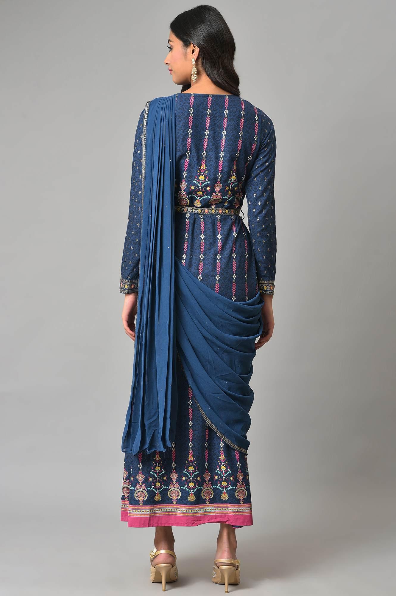 Dark Blue Glitter Printed Insta Saree Dress - wforwoman