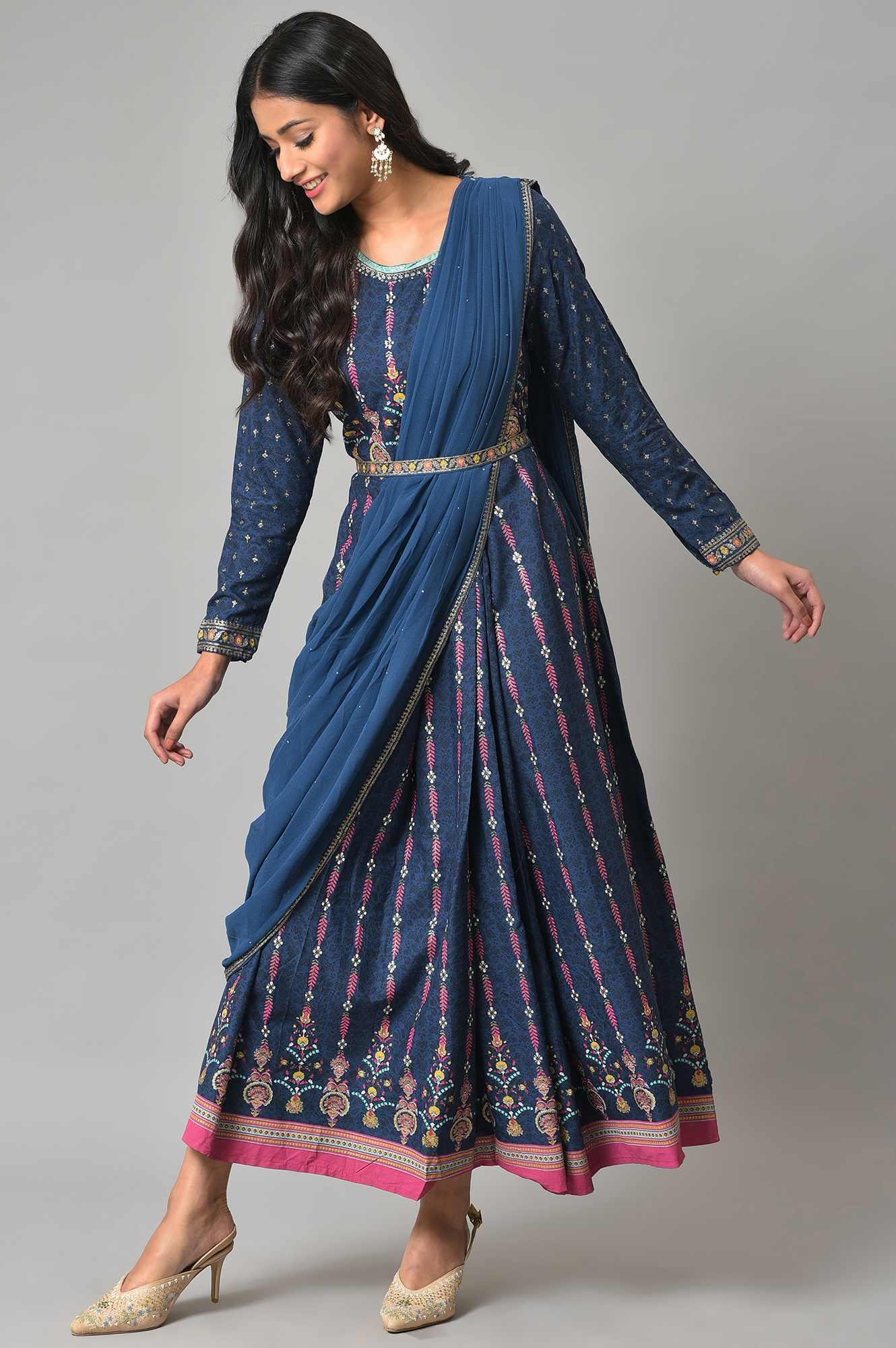 Dark Blue Glitter Printed Insta Saree Dress - wforwoman