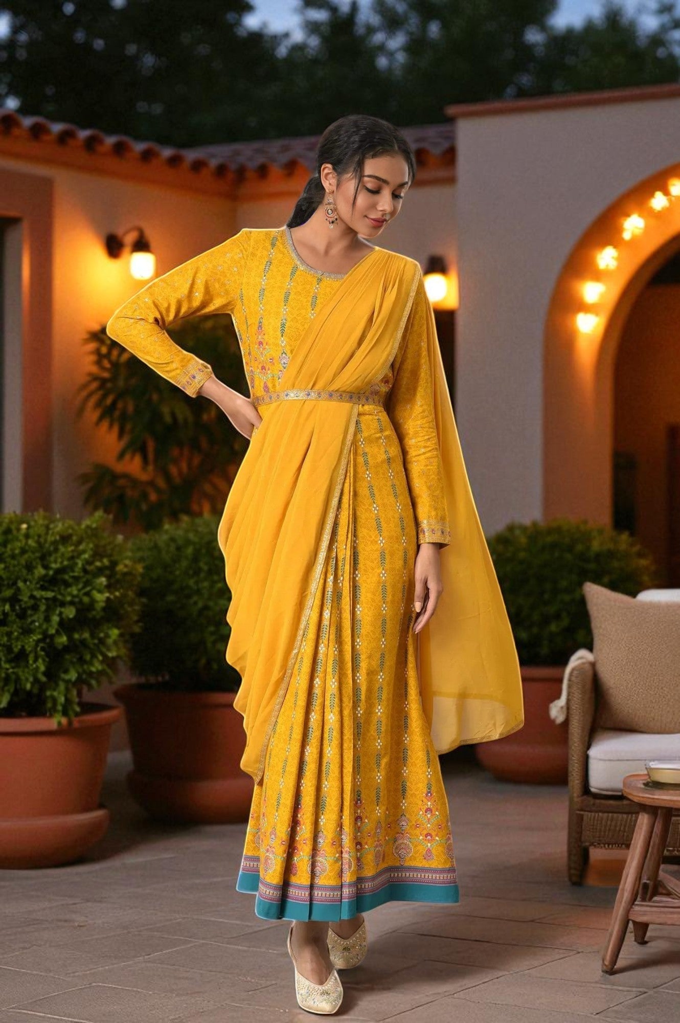 Yellow Glitter Printed Festive Pre-drape Saree Dress with Belt