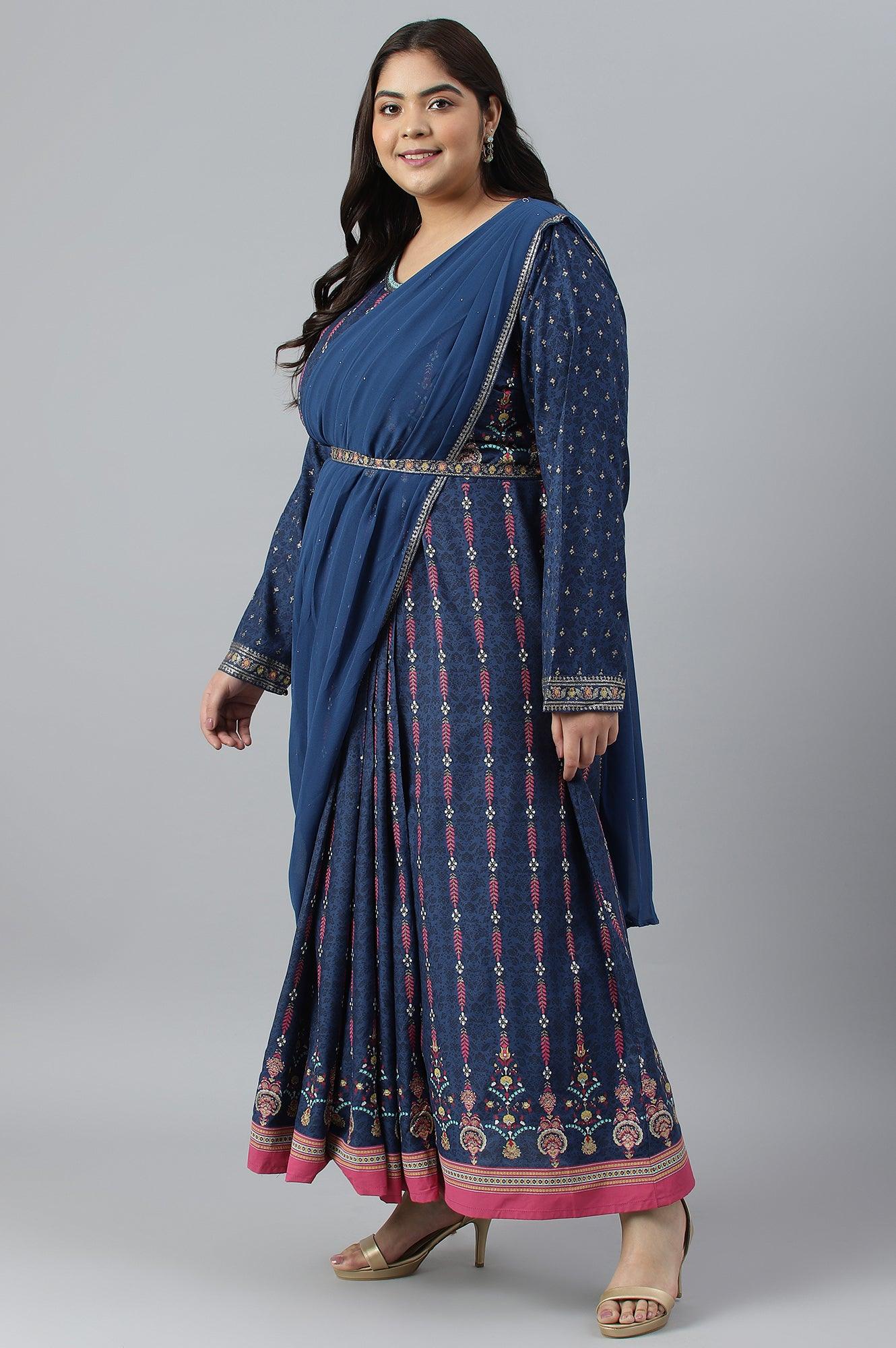 Dark Blue Glitter Printed Festive Plus Size Insta Saree Dress - wforwoman