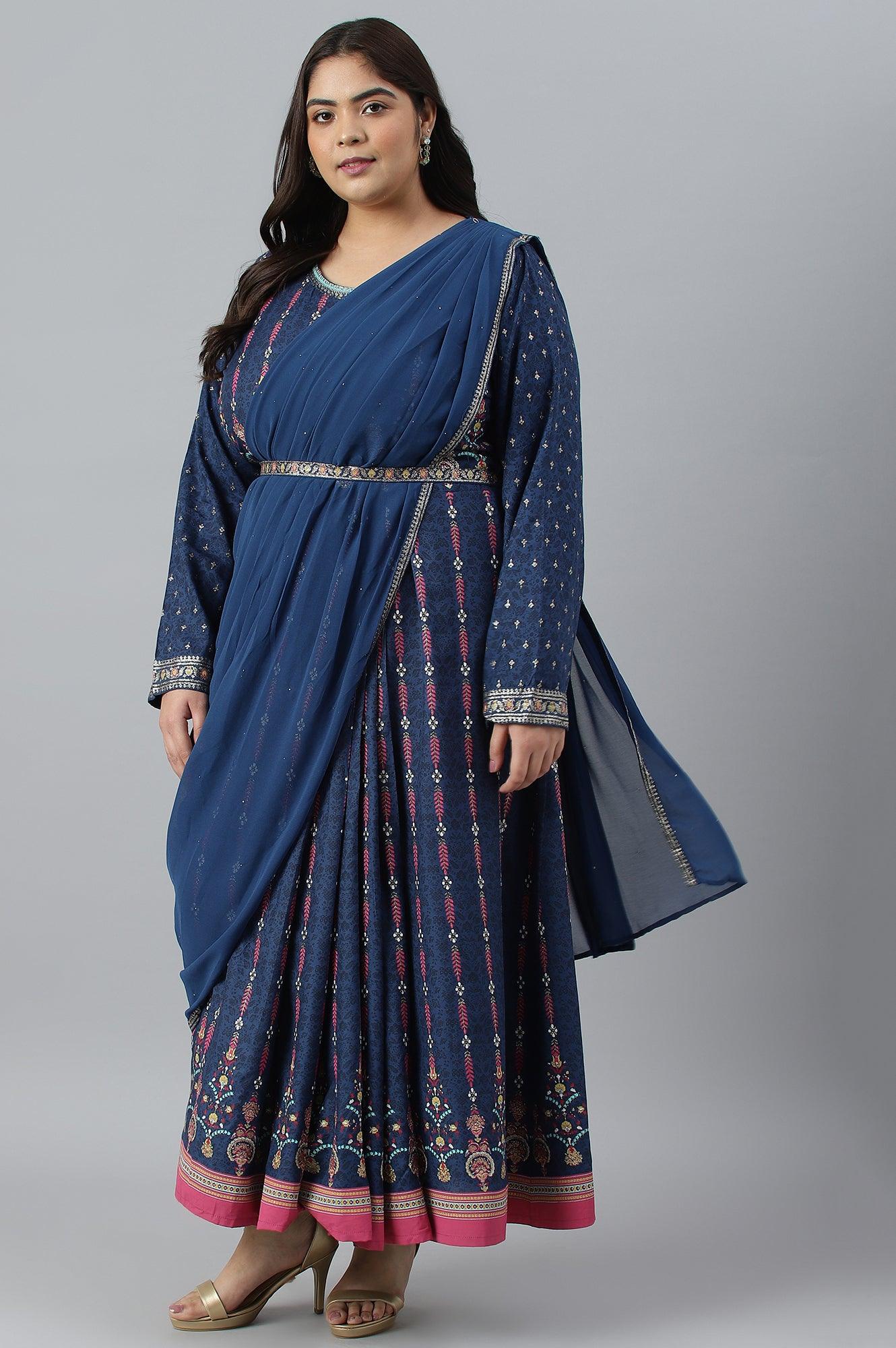 Dark Blue Glitter Printed Festive Plus Size Insta Saree Dress - wforwoman