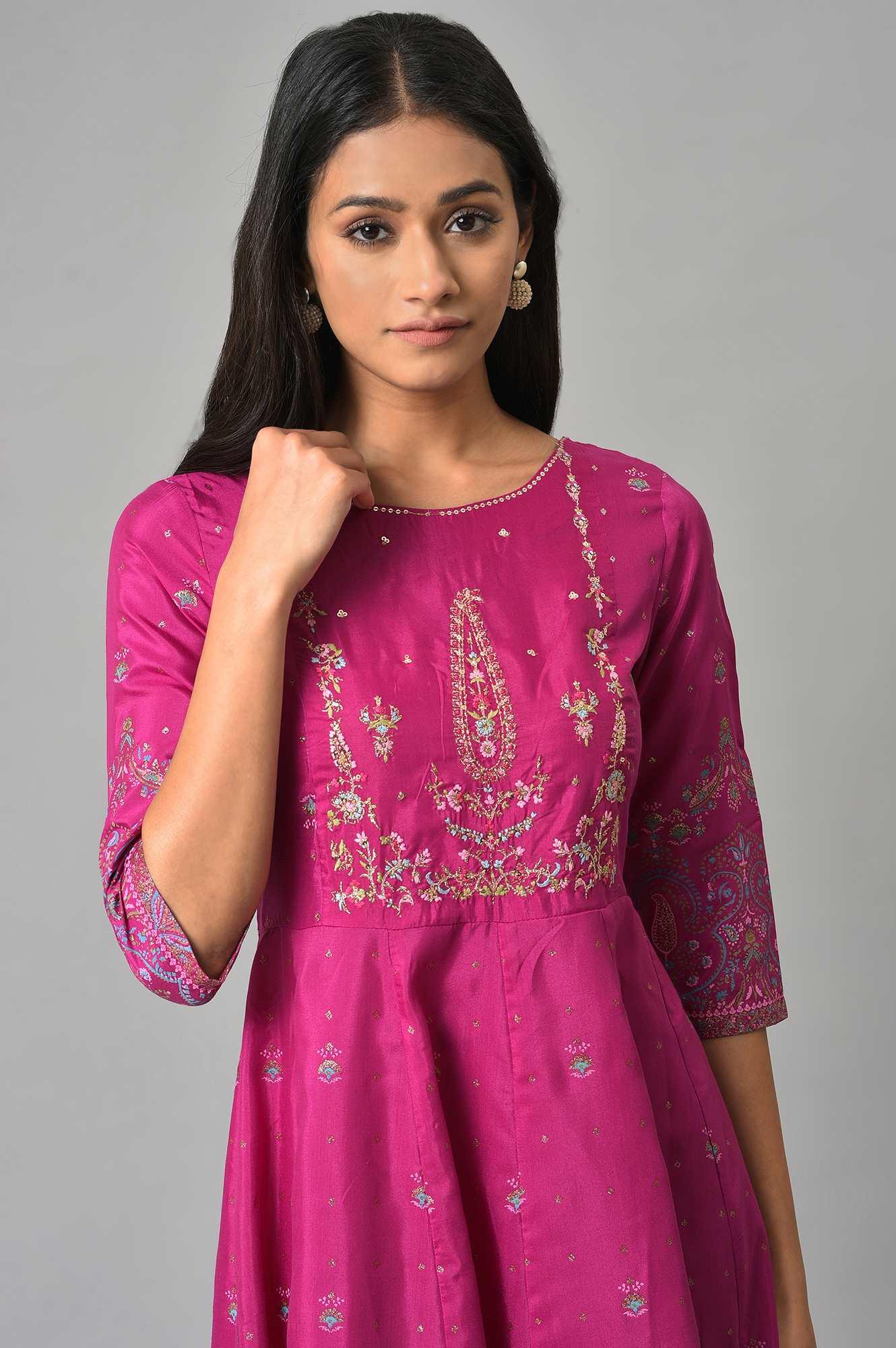 Purple Floral Printed Shantung Dress With Embroidery - wforwoman