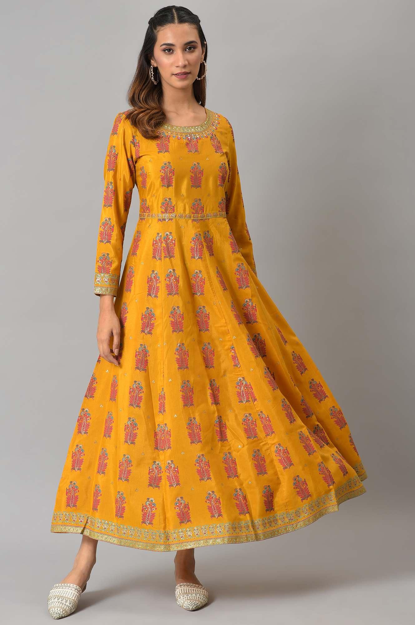 Mustard Paisley Printed Embroidered Ethnic Dress - wforwoman