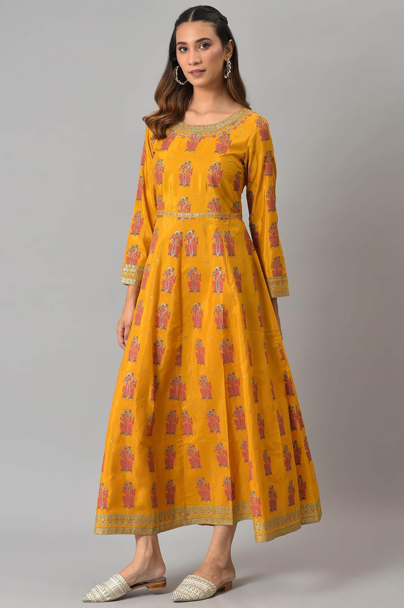 Mustard Paisley Printed Embroidered Ethnic Dress - wforwoman