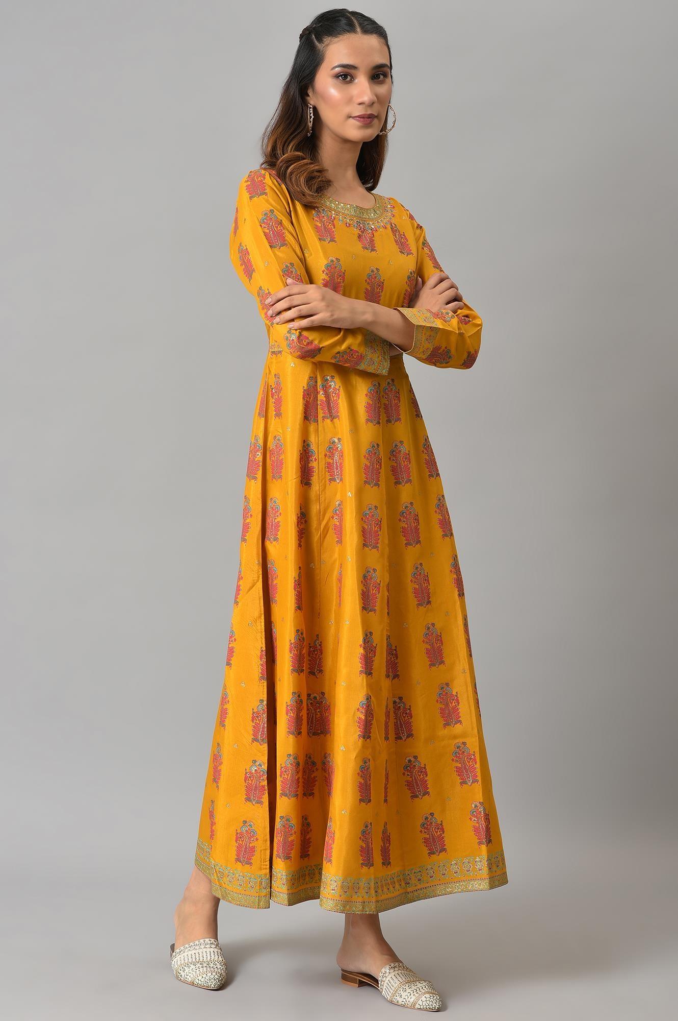Mustard Paisley Printed Embroidered Ethnic Dress - wforwoman