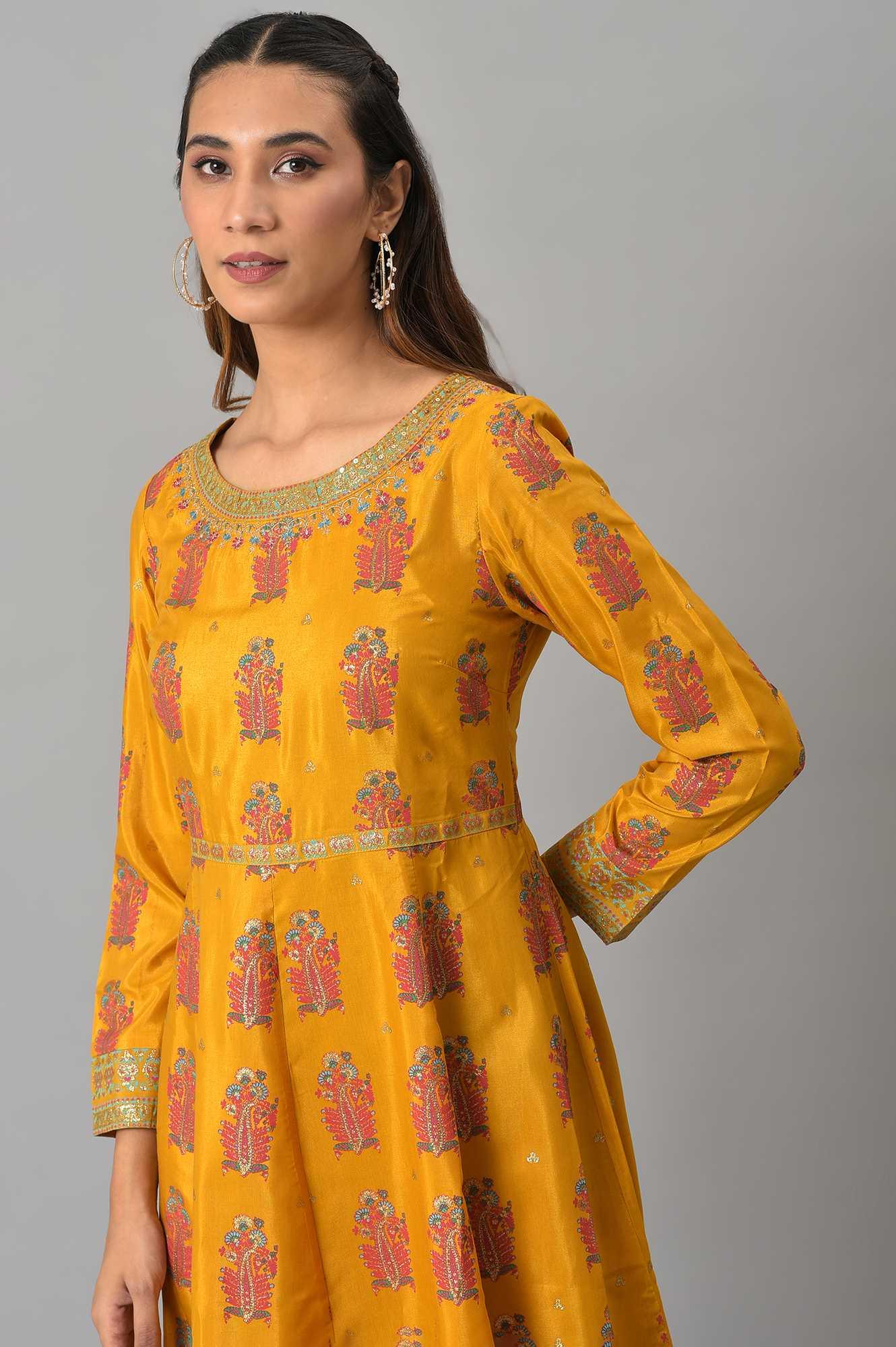 Mustard Paisley Printed Embroidered Ethnic Dress - wforwoman