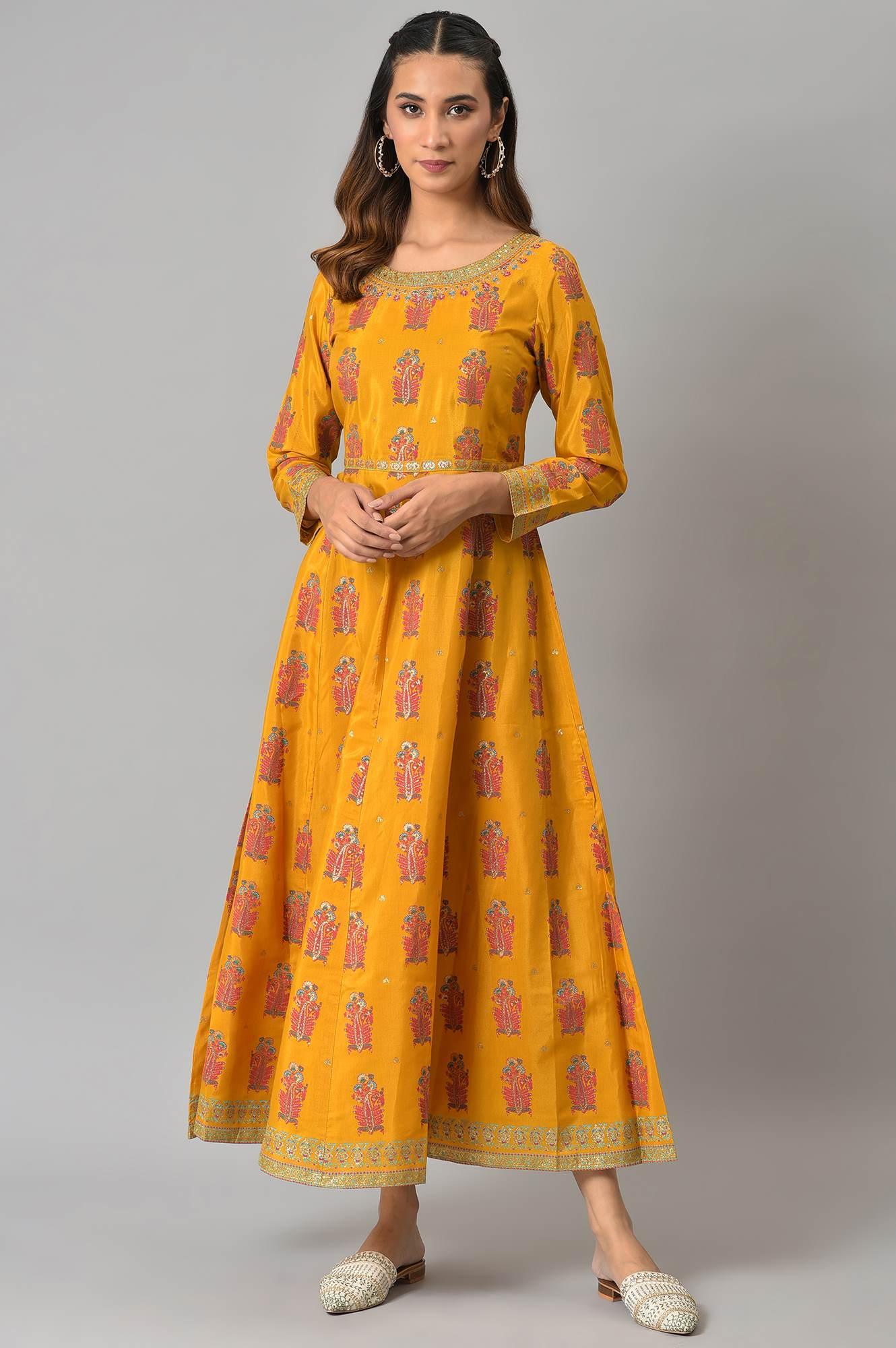 Mustard Paisley Printed Embroidered Ethnic Dress - wforwoman