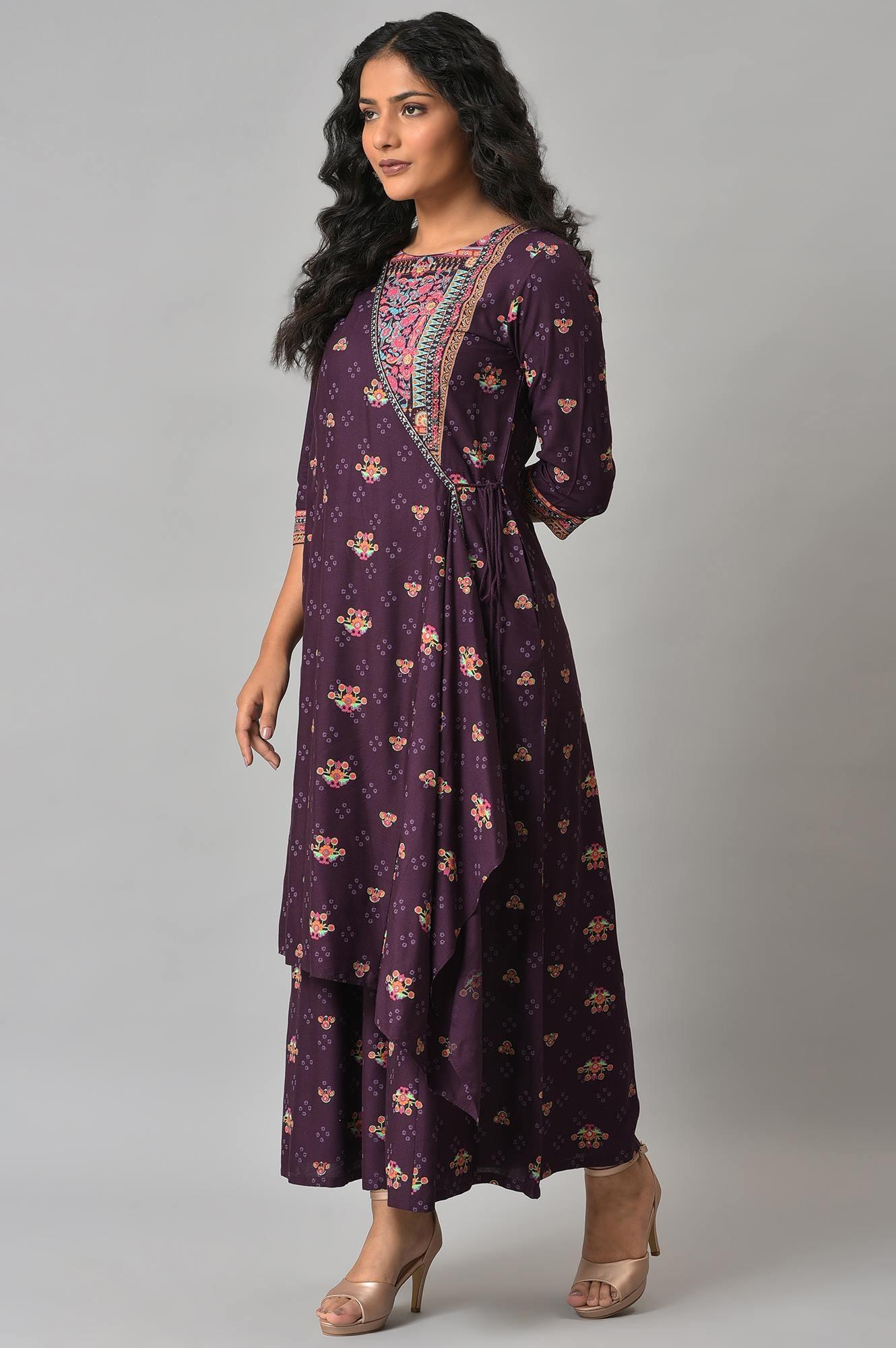 Dark Purple Printed Angrakha Jumpsuit - wforwoman