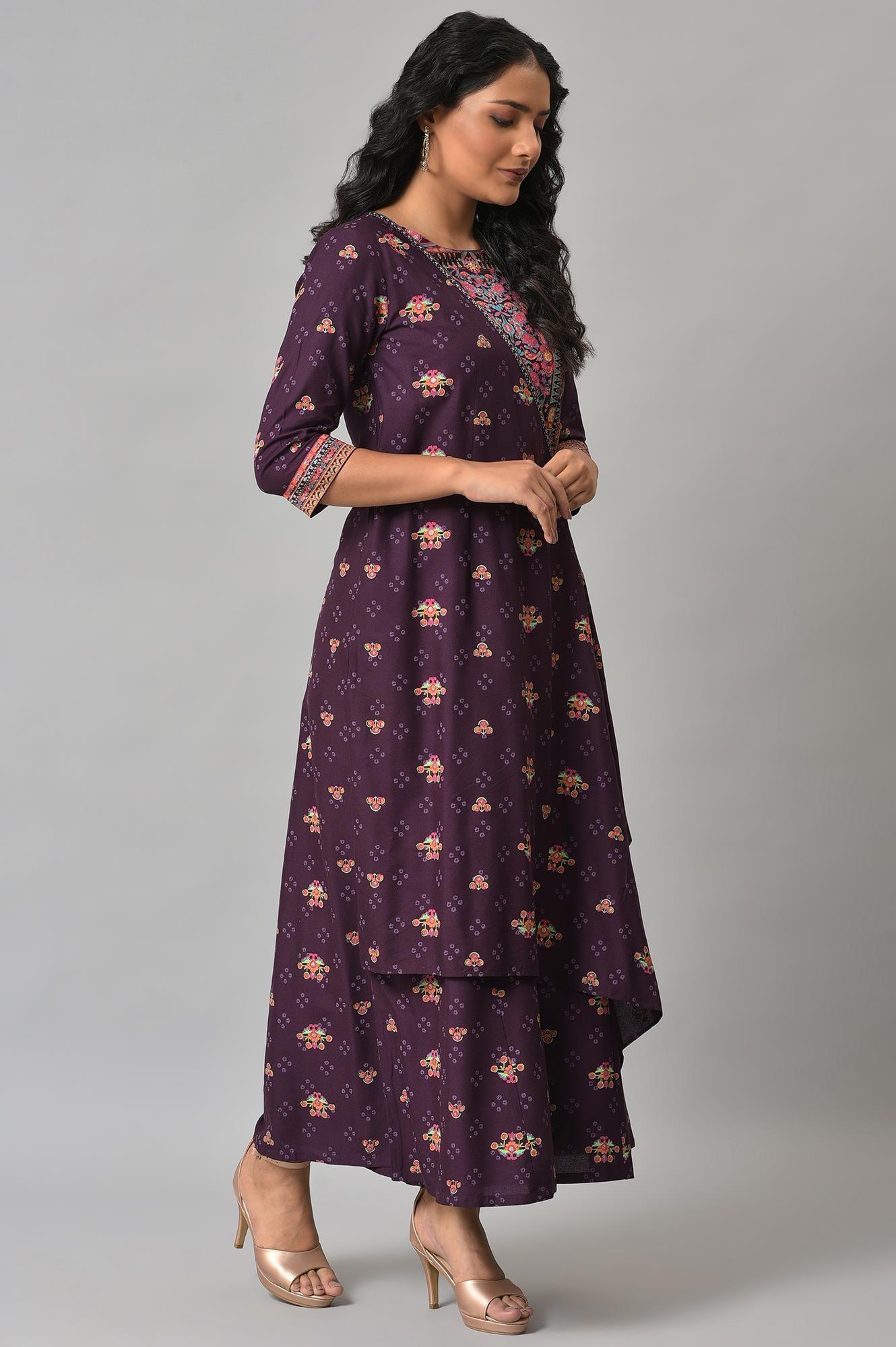 Dark Purple Printed Angrakha Jumpsuit - wforwoman