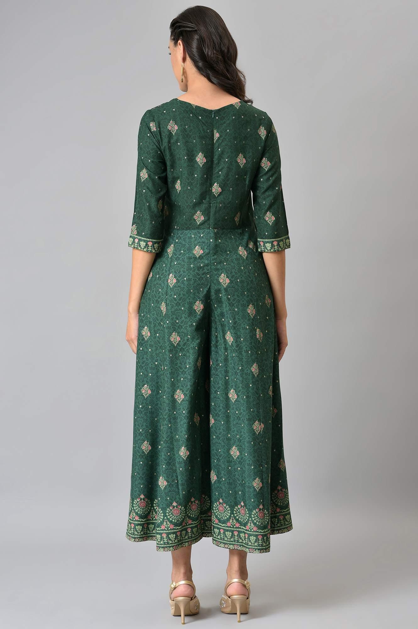 Green Glitter Printed Angrakha Jumpsuit - wforwoman