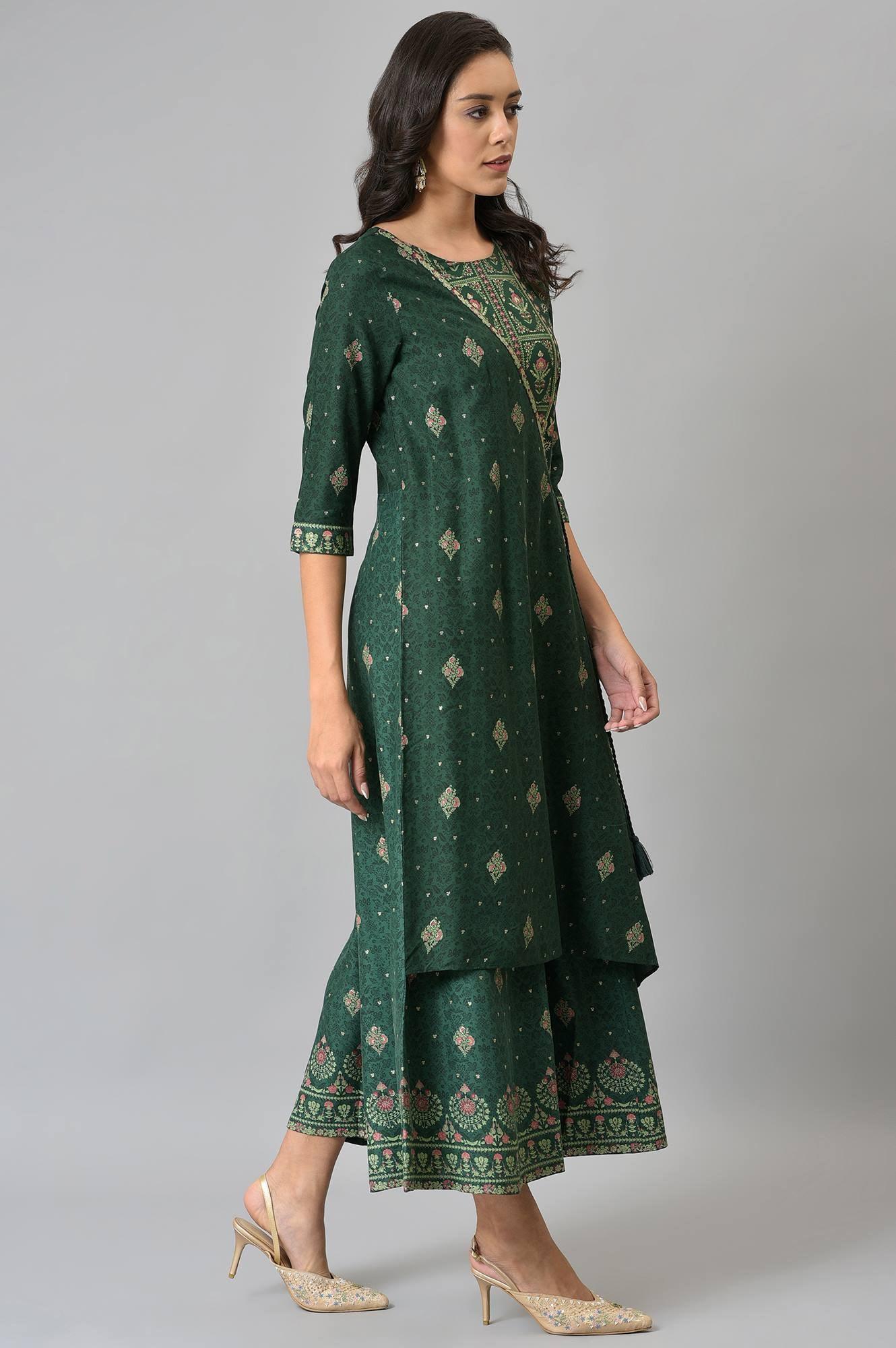 Green Glitter Printed Angrakha Jumpsuit - wforwoman