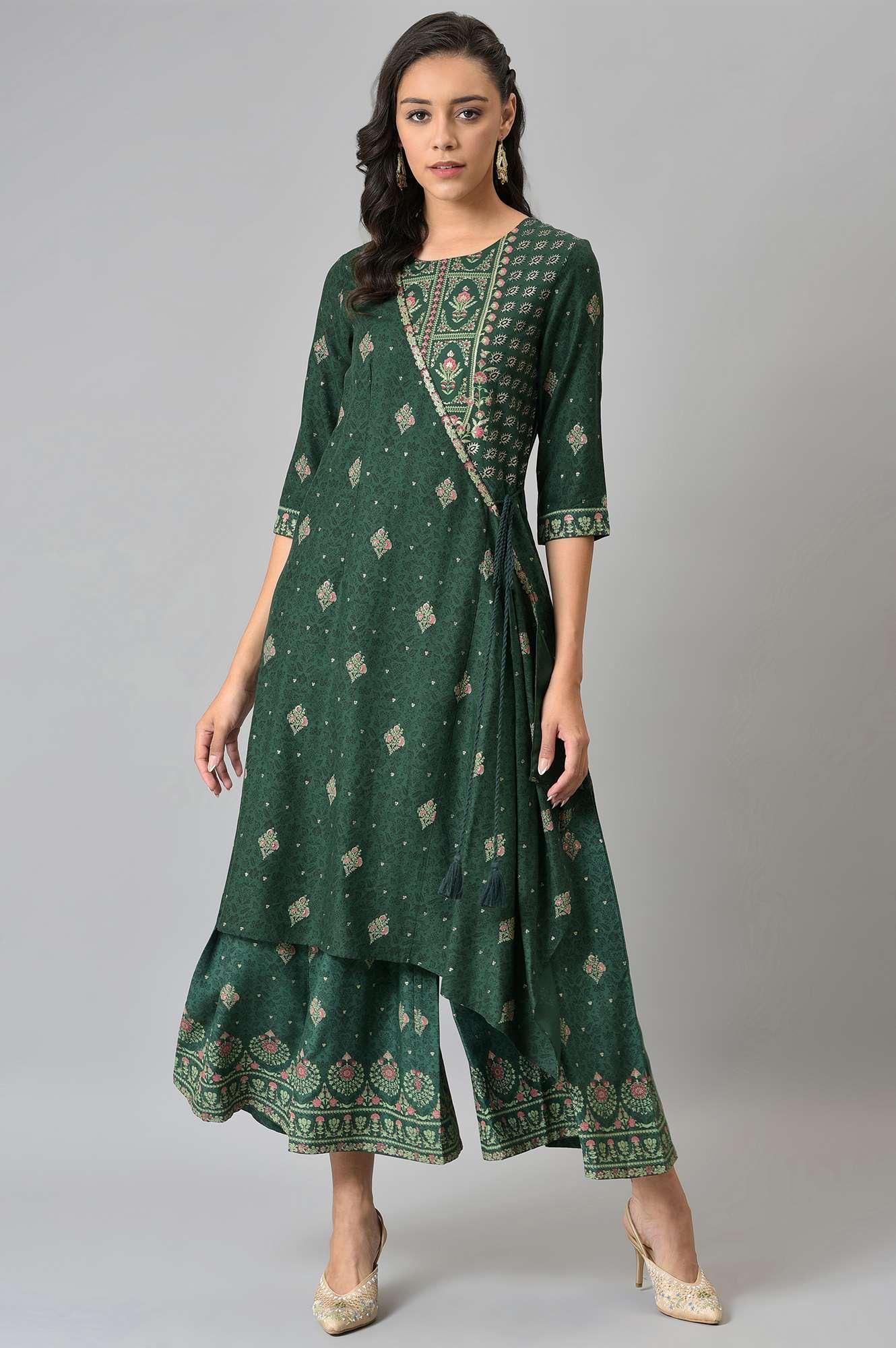 Green Glitter Printed Angrakha Jumpsuit - wforwoman