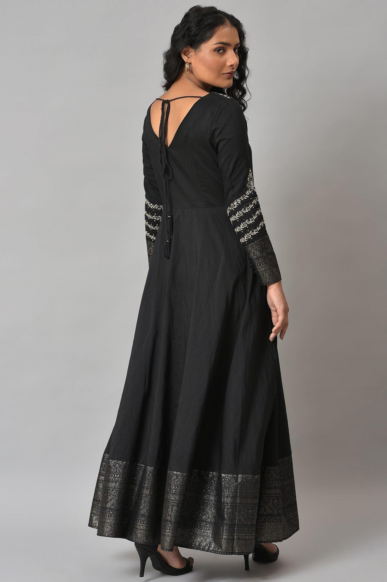 Black Glitter Printed And Embroidered Dress - wforwoman