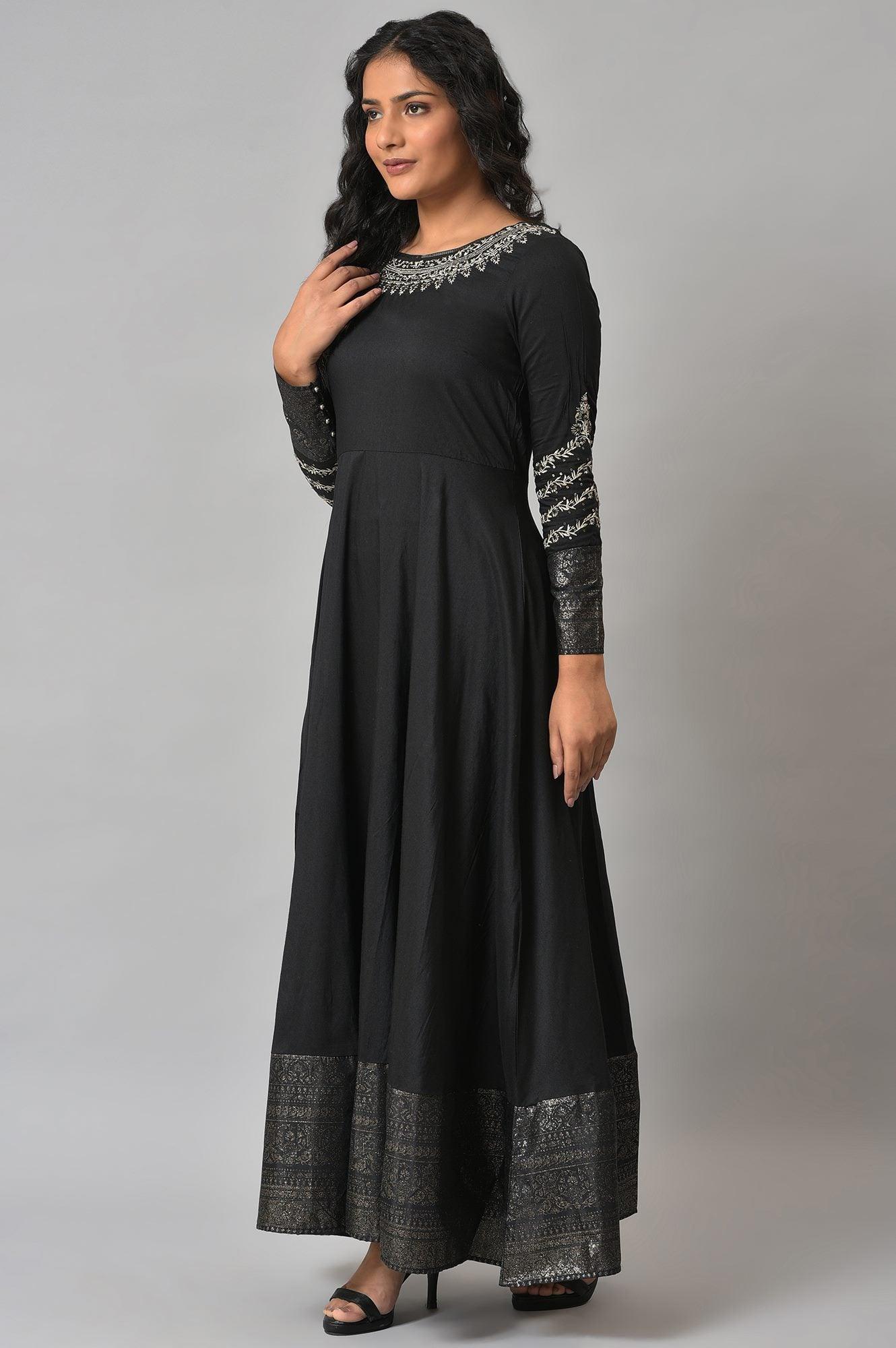 Black Glitter Printed And Embroidered Dress - wforwoman