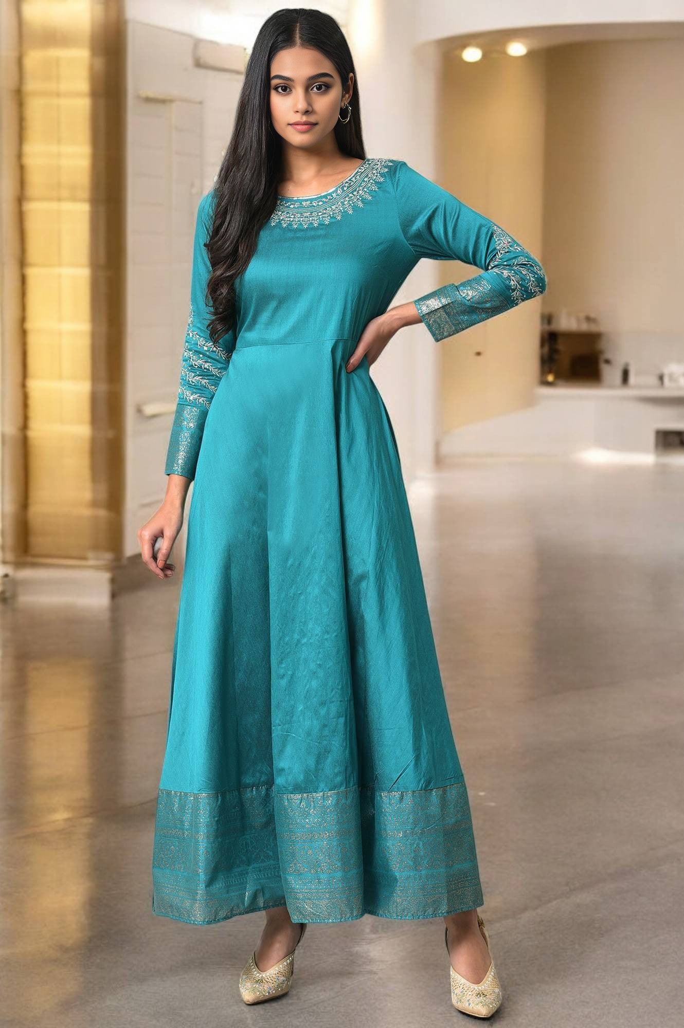 Teal Blue Glitter Printed and Embroidered Flared Dress – wforwoman