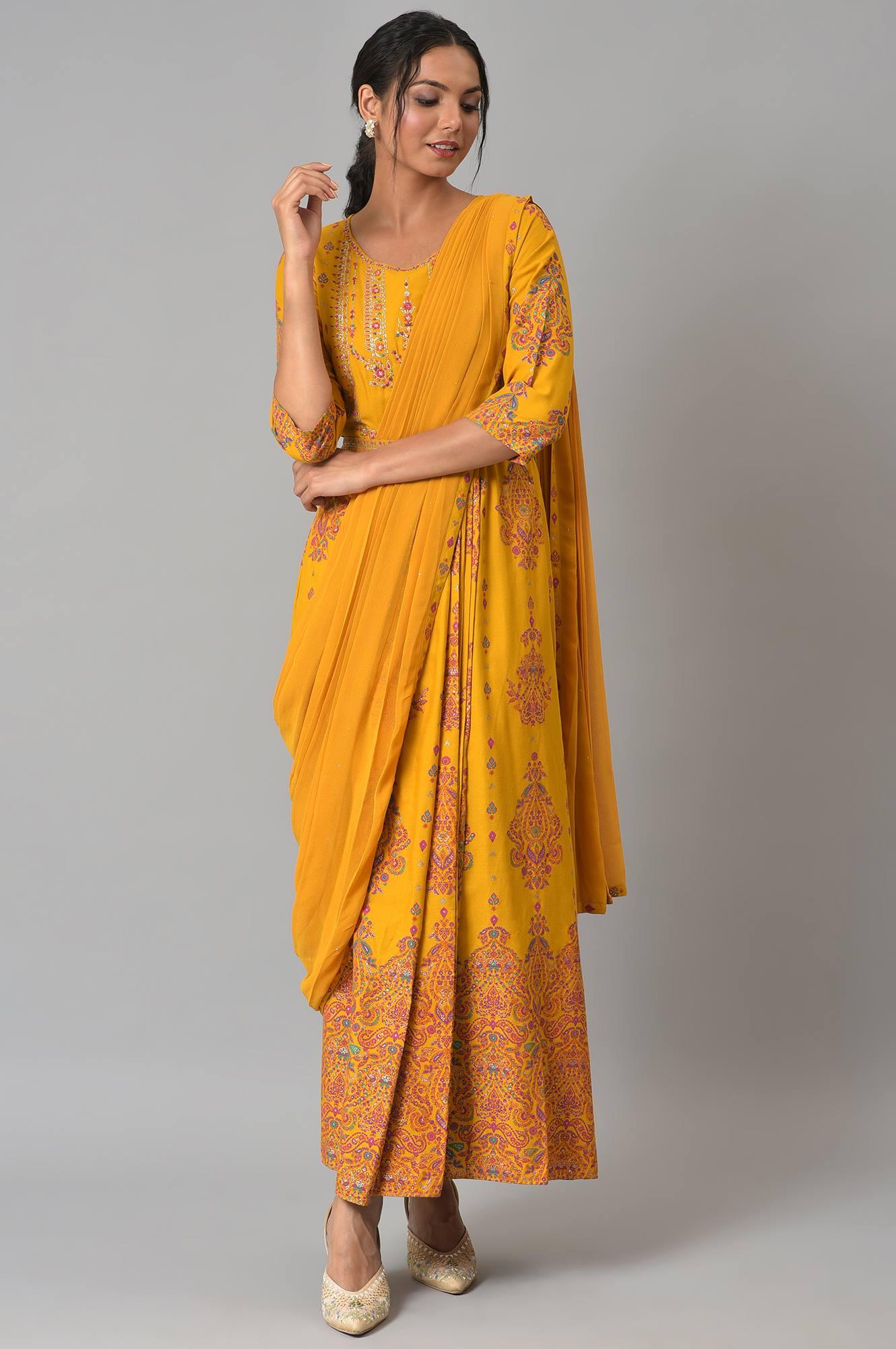 Mustard Printed And Embroiderd Insta Saree Dress - wforwoman