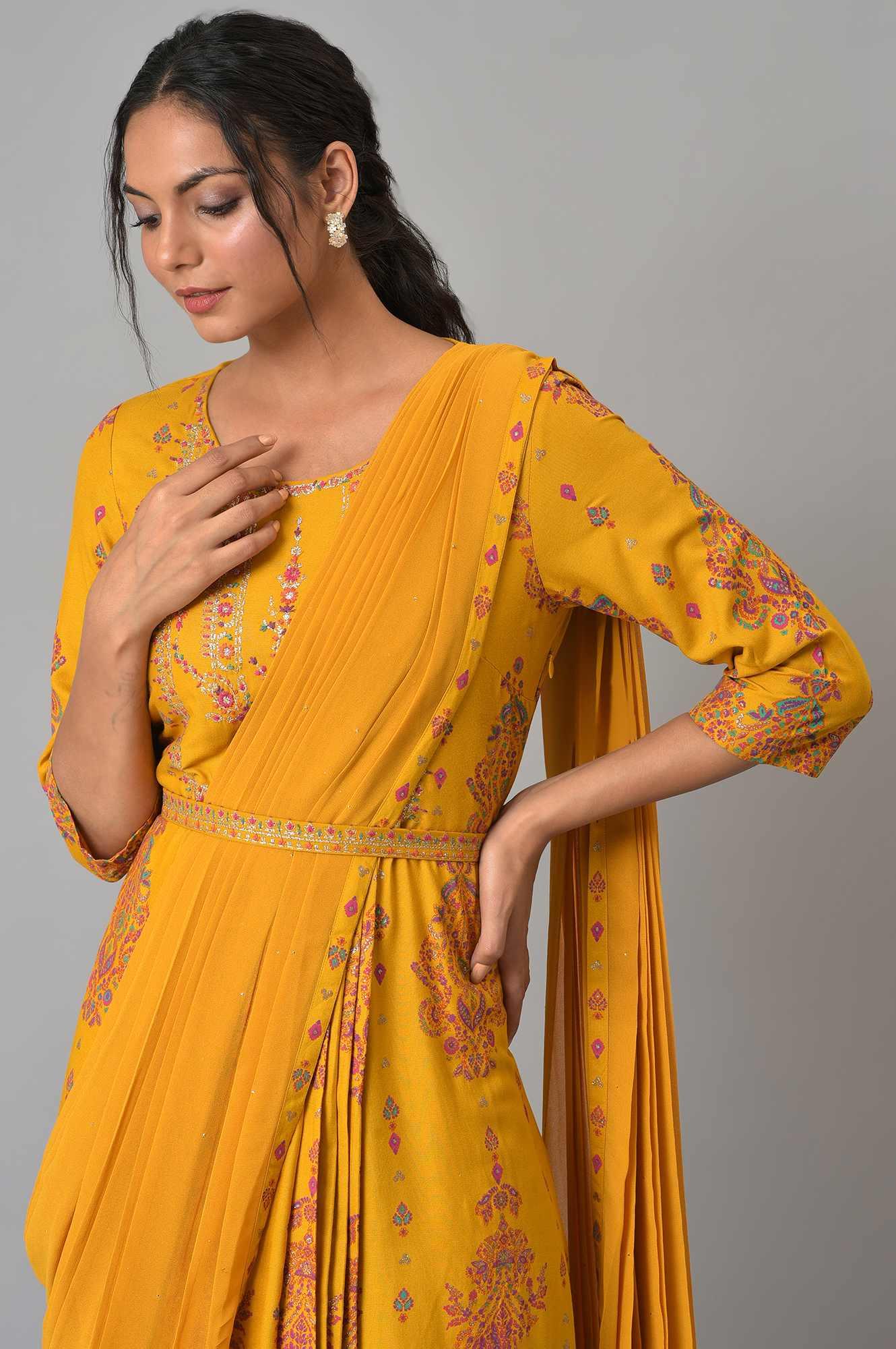 Mustard Printed And Embroiderd Insta Saree Dress - wforwoman