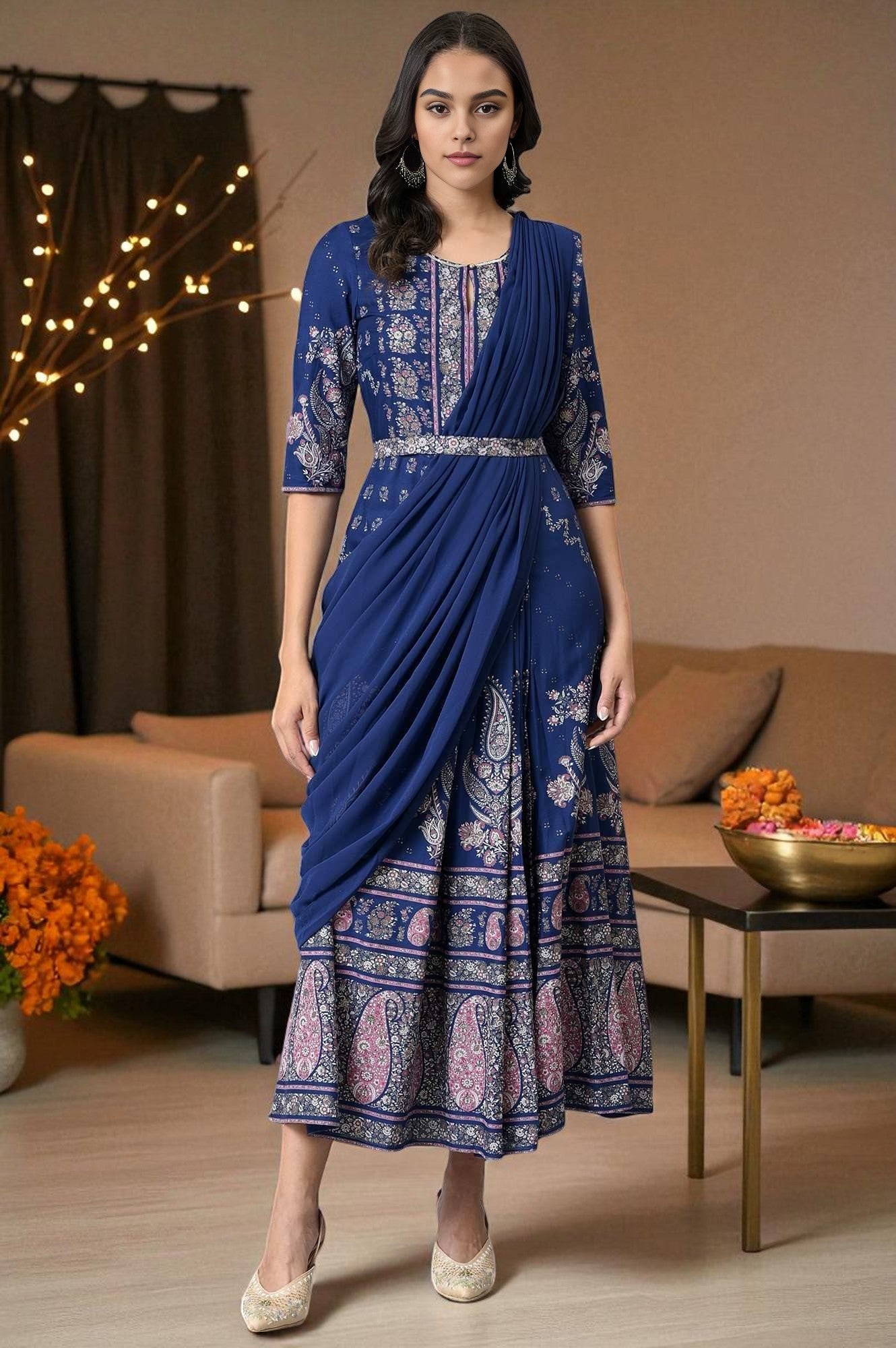 Blue Printed and Embroidered Insta Saree