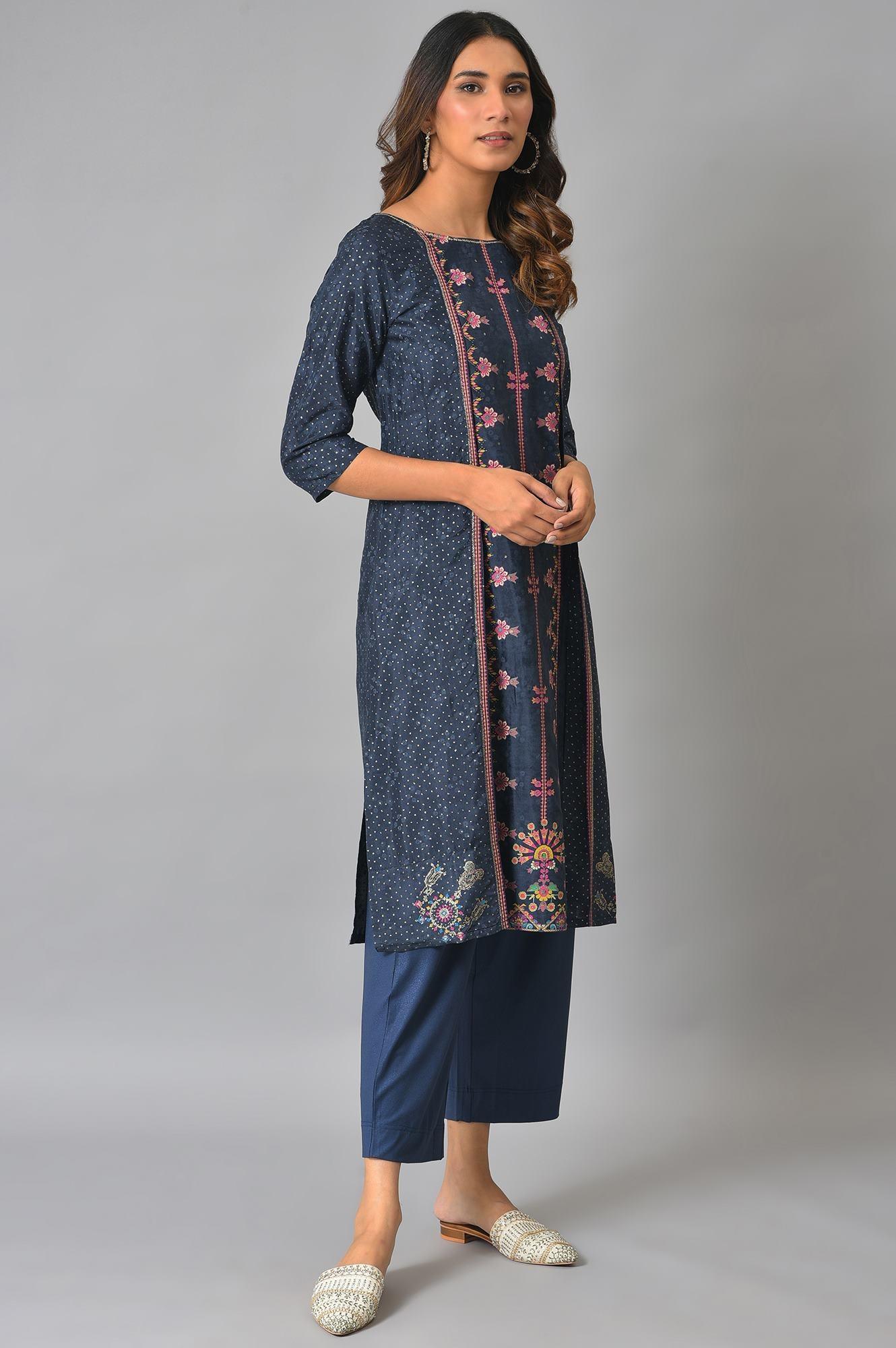 Royal Blue Mock Layered Festive kurta - wforwoman