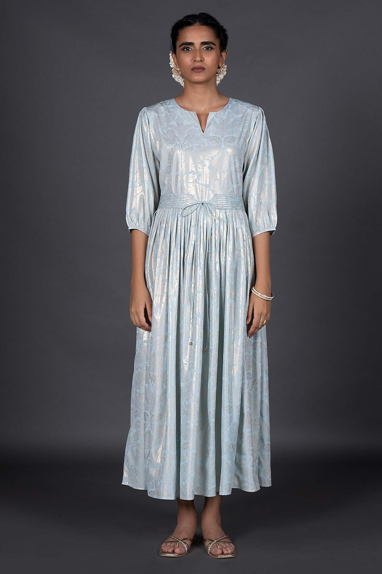 Buy Light Blue Foil Printed Pleated Dress With Belt Online for Woman