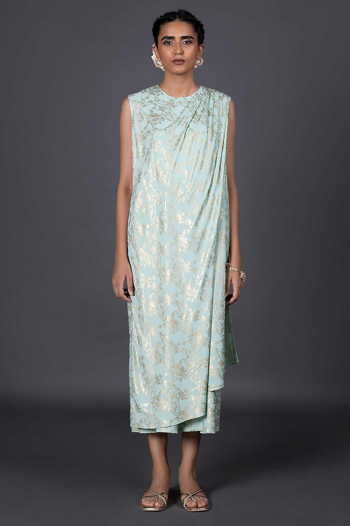 Green Draped Style Festive Printed Jumpsuit - wforwoman