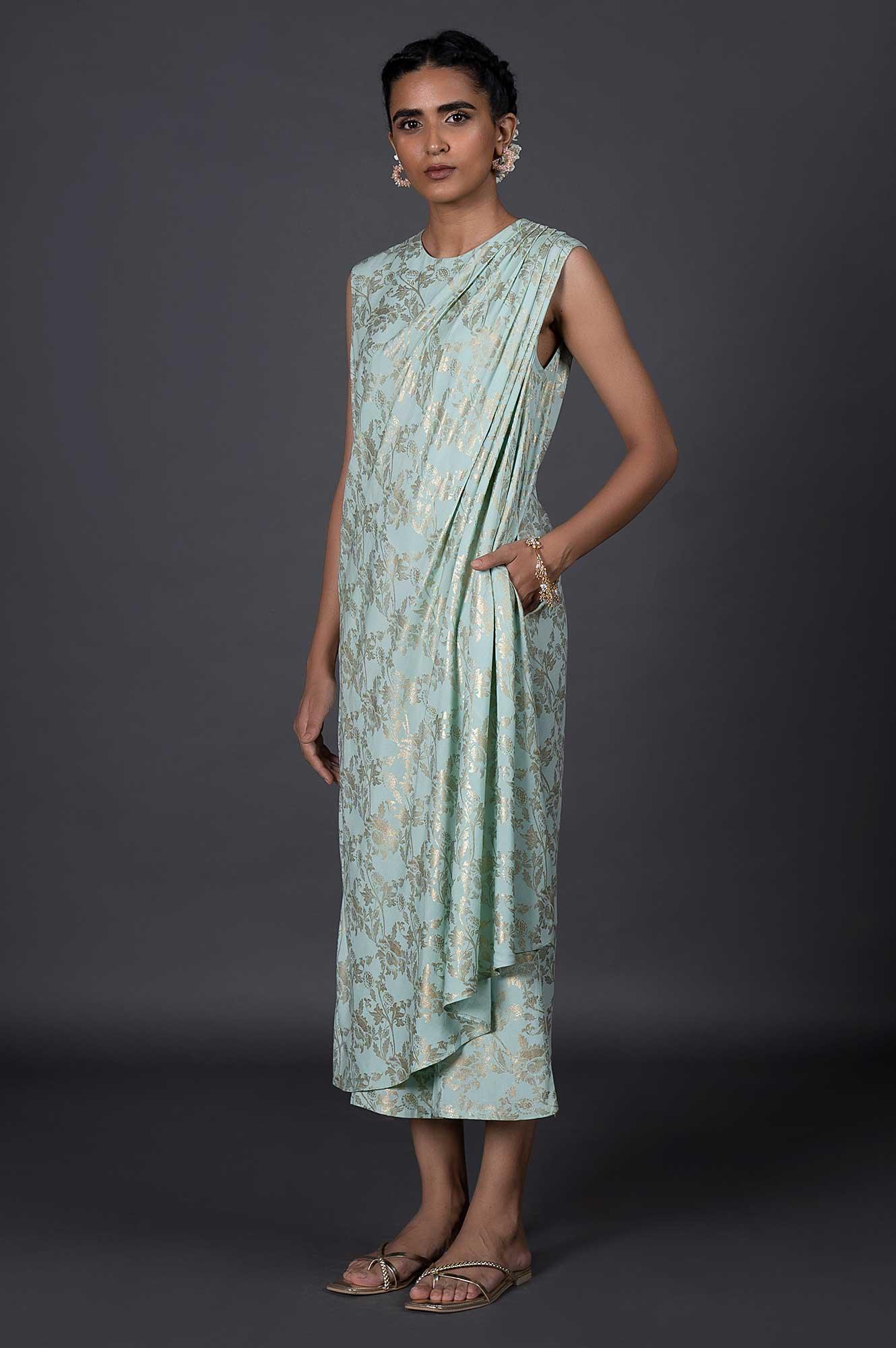 Green Draped Style Festive Printed Jumpsuit - wforwoman