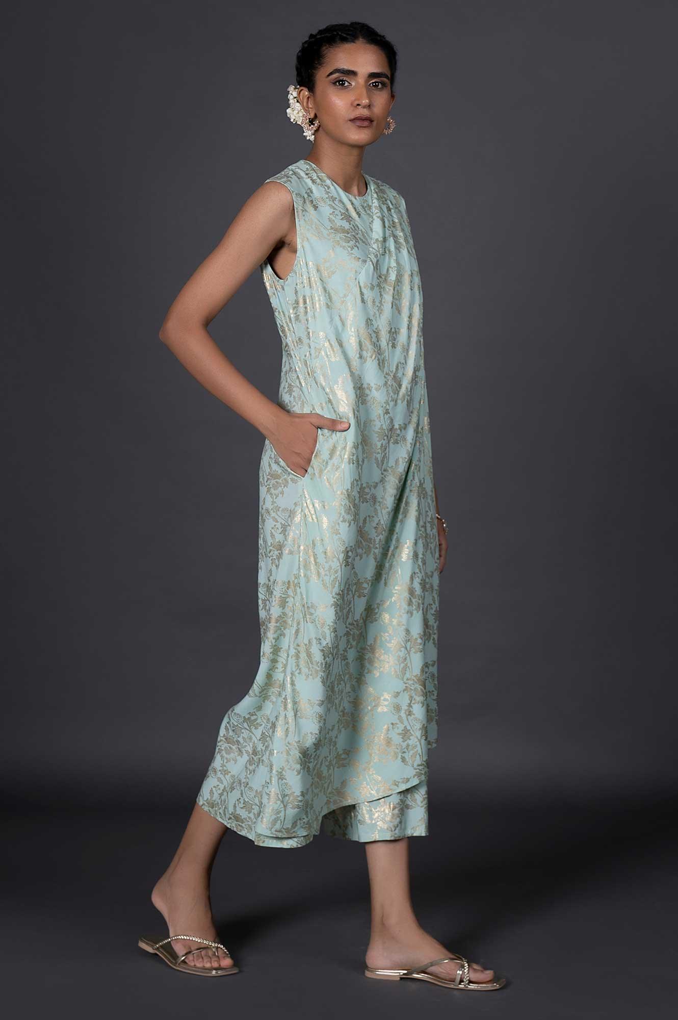 Green Draped Style Festive Printed Jumpsuit - wforwoman