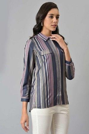 Lilac And Green Stripe Printed Rayon Shirt - wforwoman