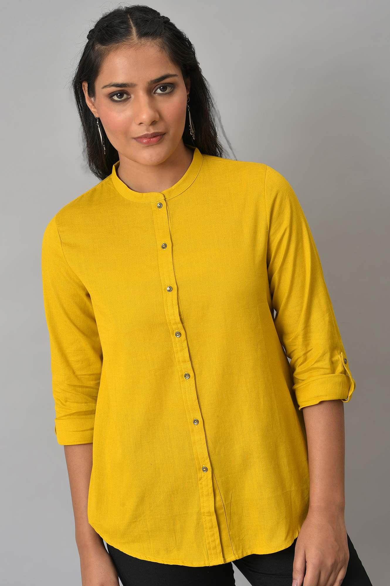 Yellow Cotton Flax Button Down Western Top - wforwoman