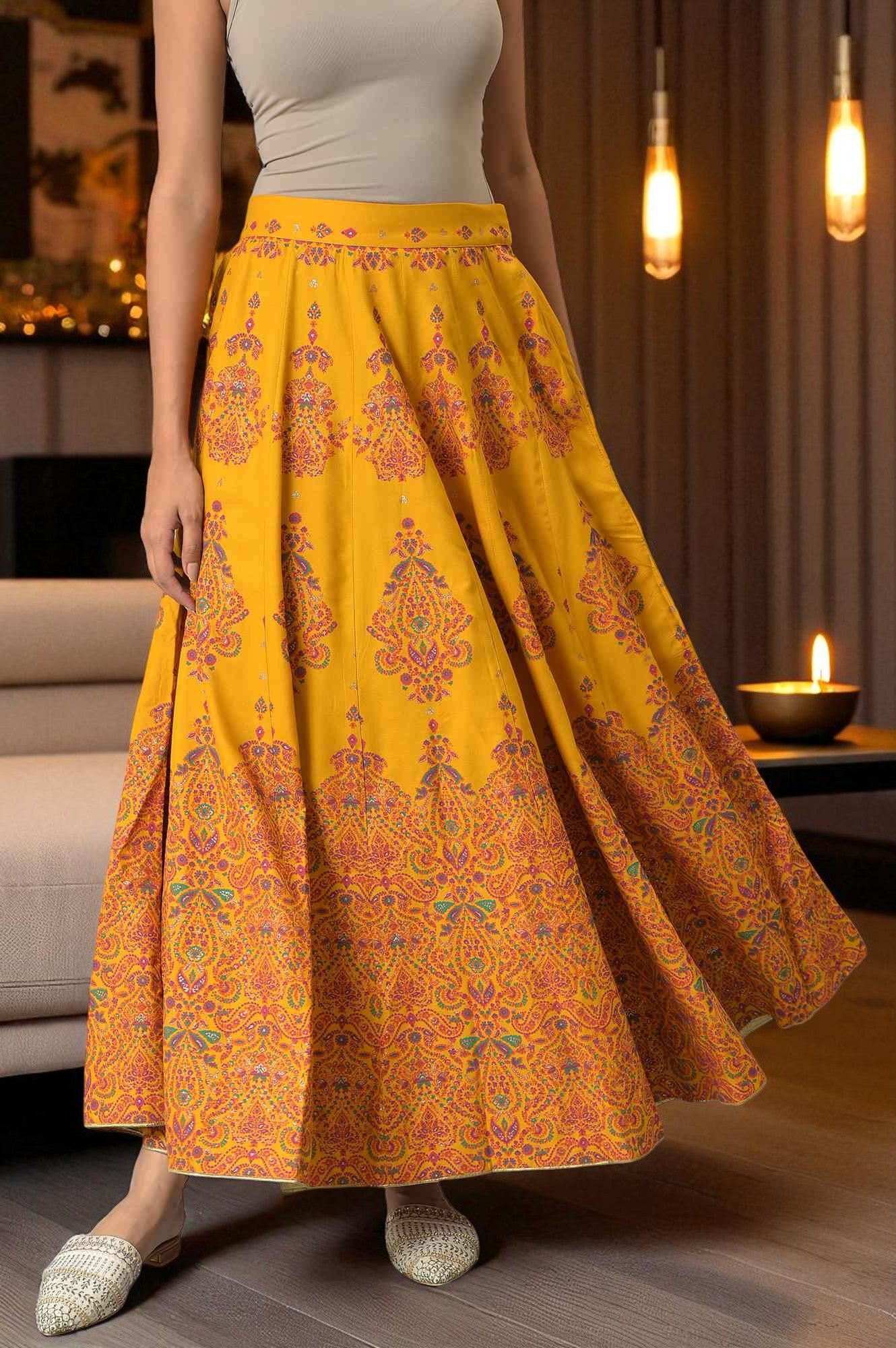 Buy Mustard Flared Skirt With Multicoloured Floral Print 3599