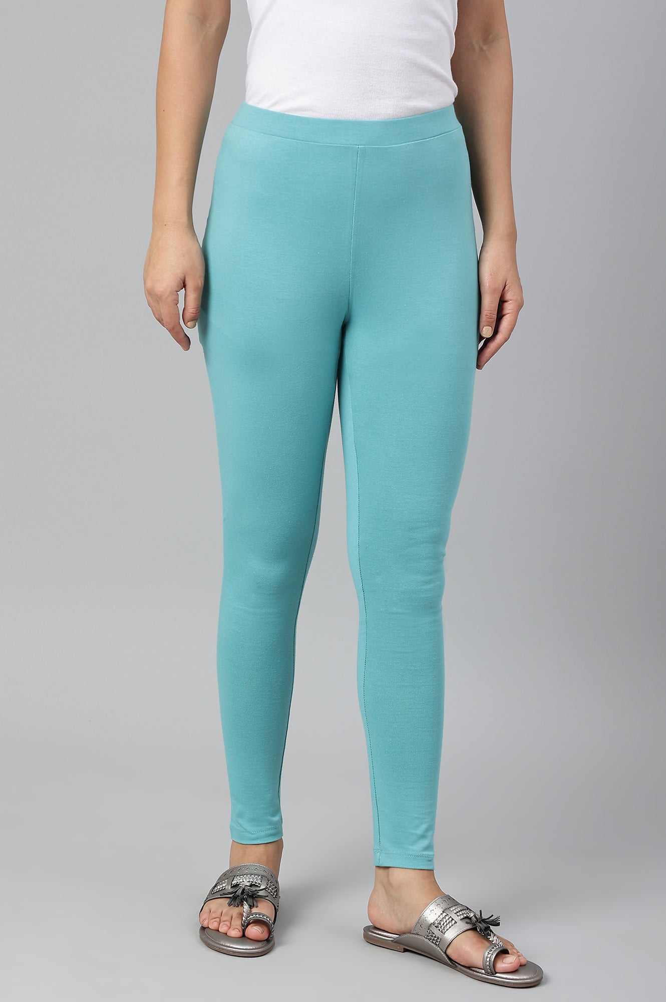 Light Blue Solid Knitted Women Tights S - Main Image