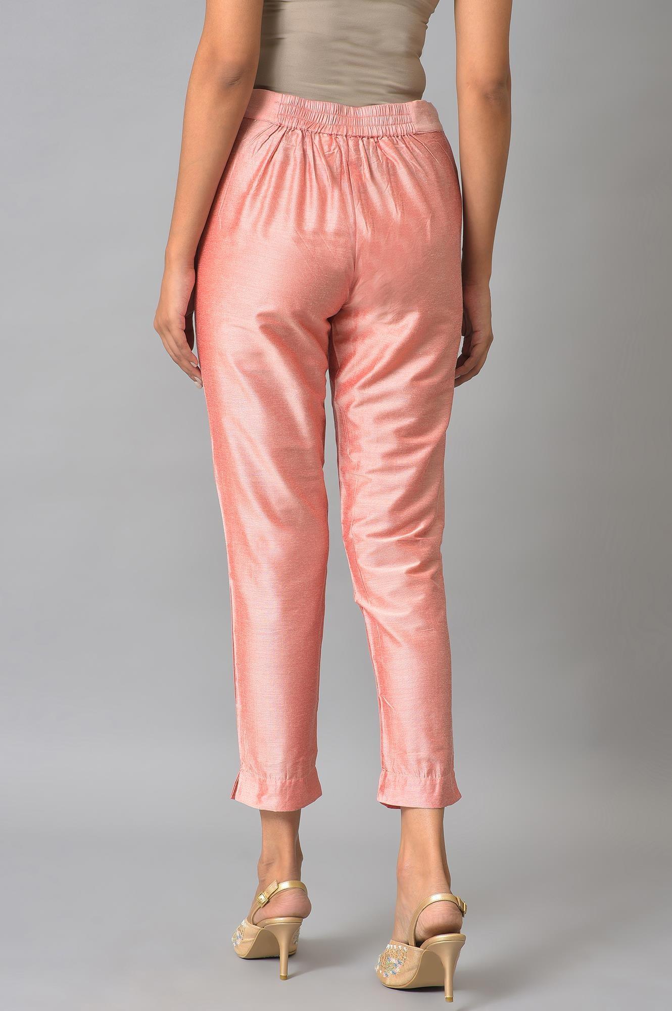 Peach Pink Solid Slim Pants - wforwoman